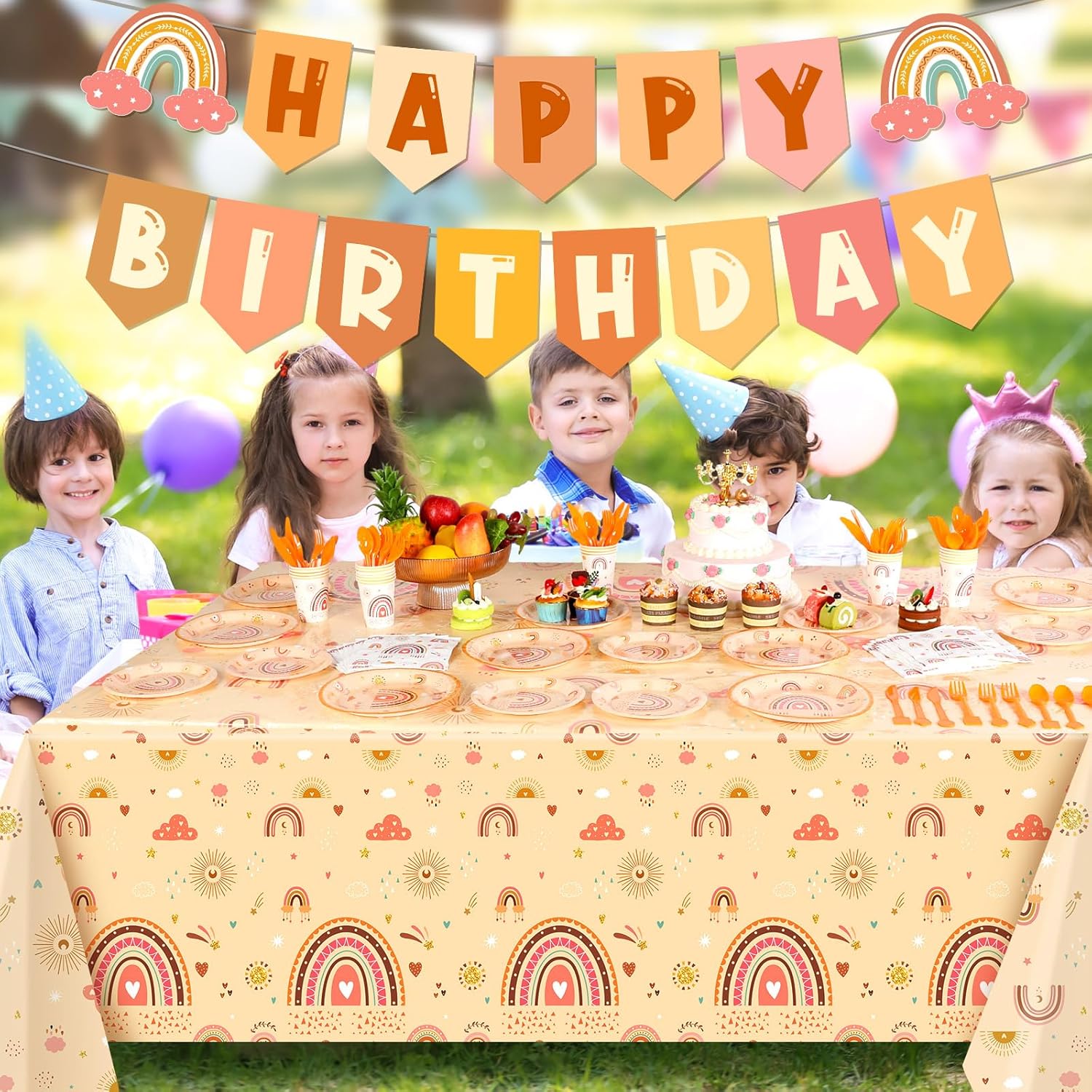 Buryeah 212 Pcs Rainbow Party Supplies Rainbow Birthday Party Decoration Happy Birthday Banner Pastel Paper Plates Tablecloth Cups Napkins Cutlery Fork Spoon Knife for 30 Guests(Boho Style) - Image 7