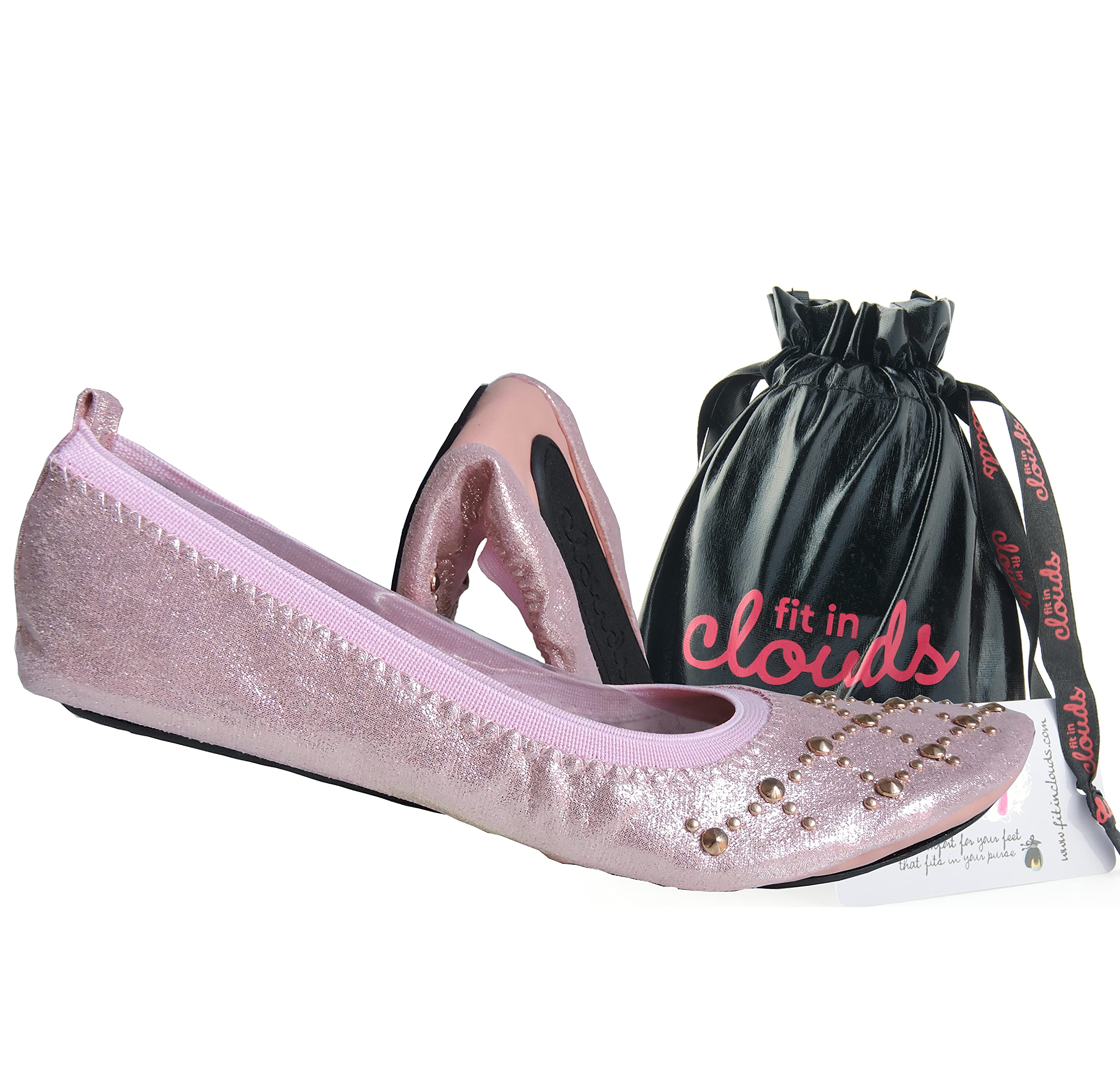 Fit in CloudsStud Embellished Portable Foldable Ballet Flats with Carry Pouch Black Size: