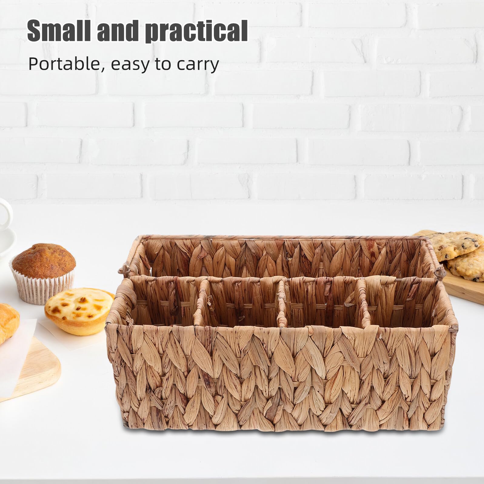 Cesto Portaposate Intrecciato in Rattan con Scomparti Organizzatore da Tavola Rustico e Portatile per Posate e Utensili Contenitore in Paglia per Picnic e Cena