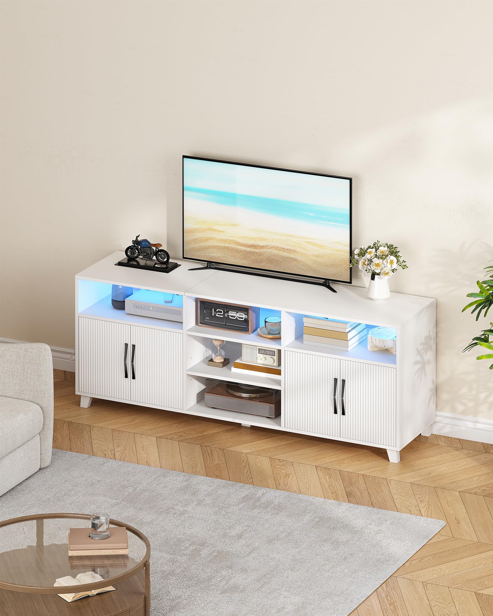 Hzuaneri Meuble TV, 147 cm Blanc, avec Lumières LED Réglables 25 Couleurs