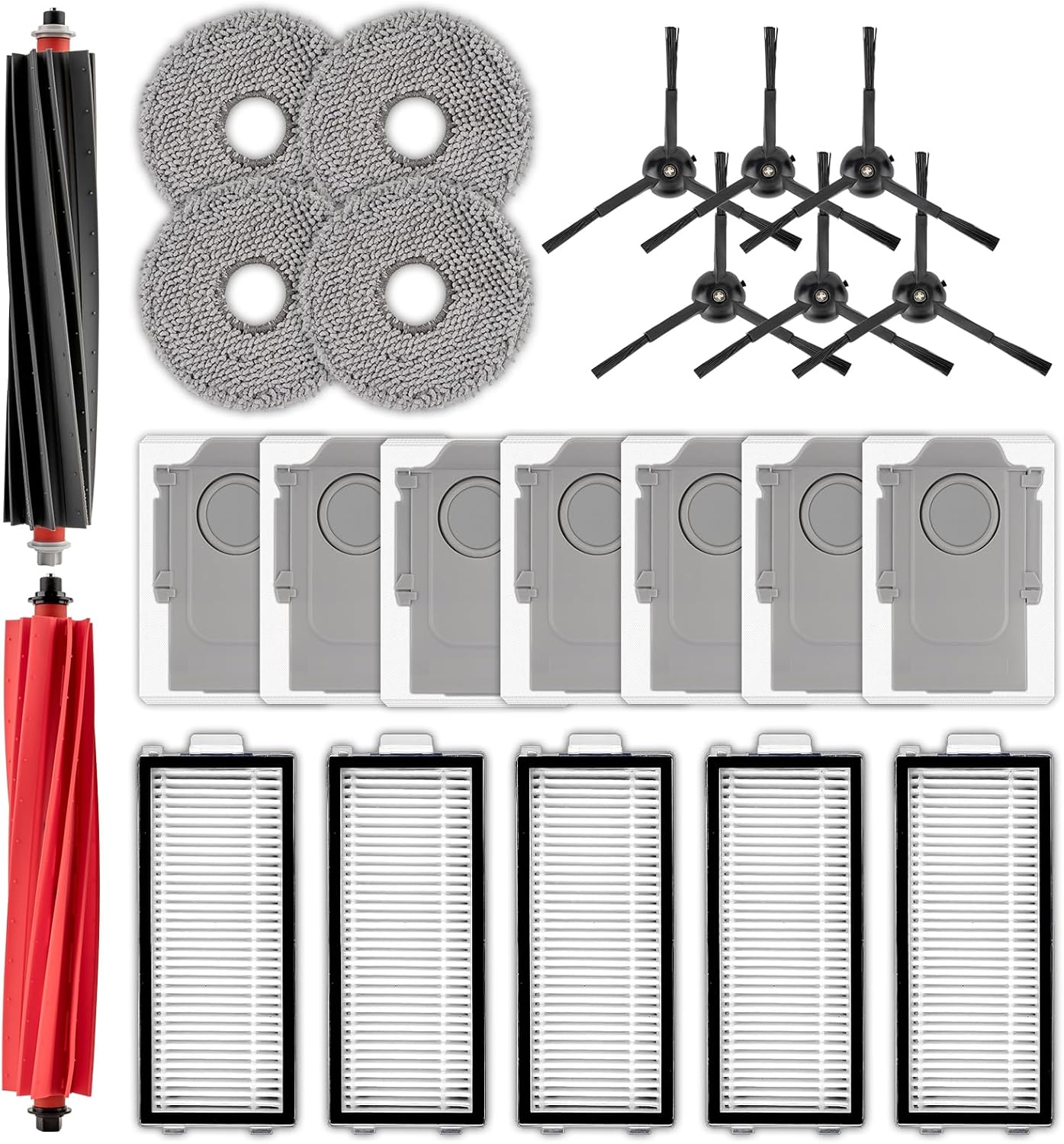 (24 Pack) Qrevo Master Replacement Parts Compatible with Roborock Qrevo Master/Qrevo Slim Robot Vacuum, 2 Roller Brushes, 6 Side Brushes, 7 Dust Bags, 5 HEPA Filters, 4 Mop Pads, Accessories Kit