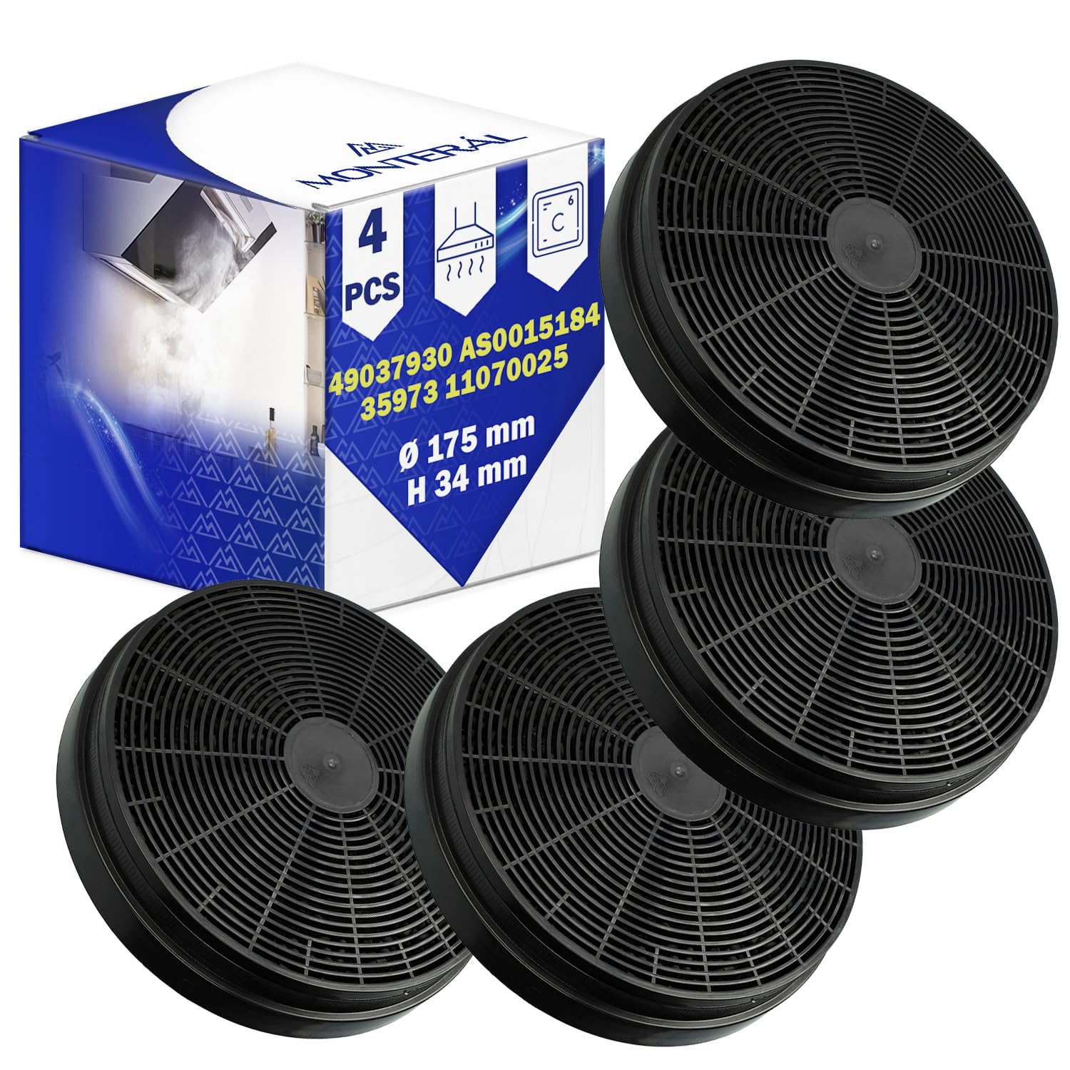 4 Piezas Filtro Carbono Campana Extractora Ø 175 mm H 35 mm 49037930