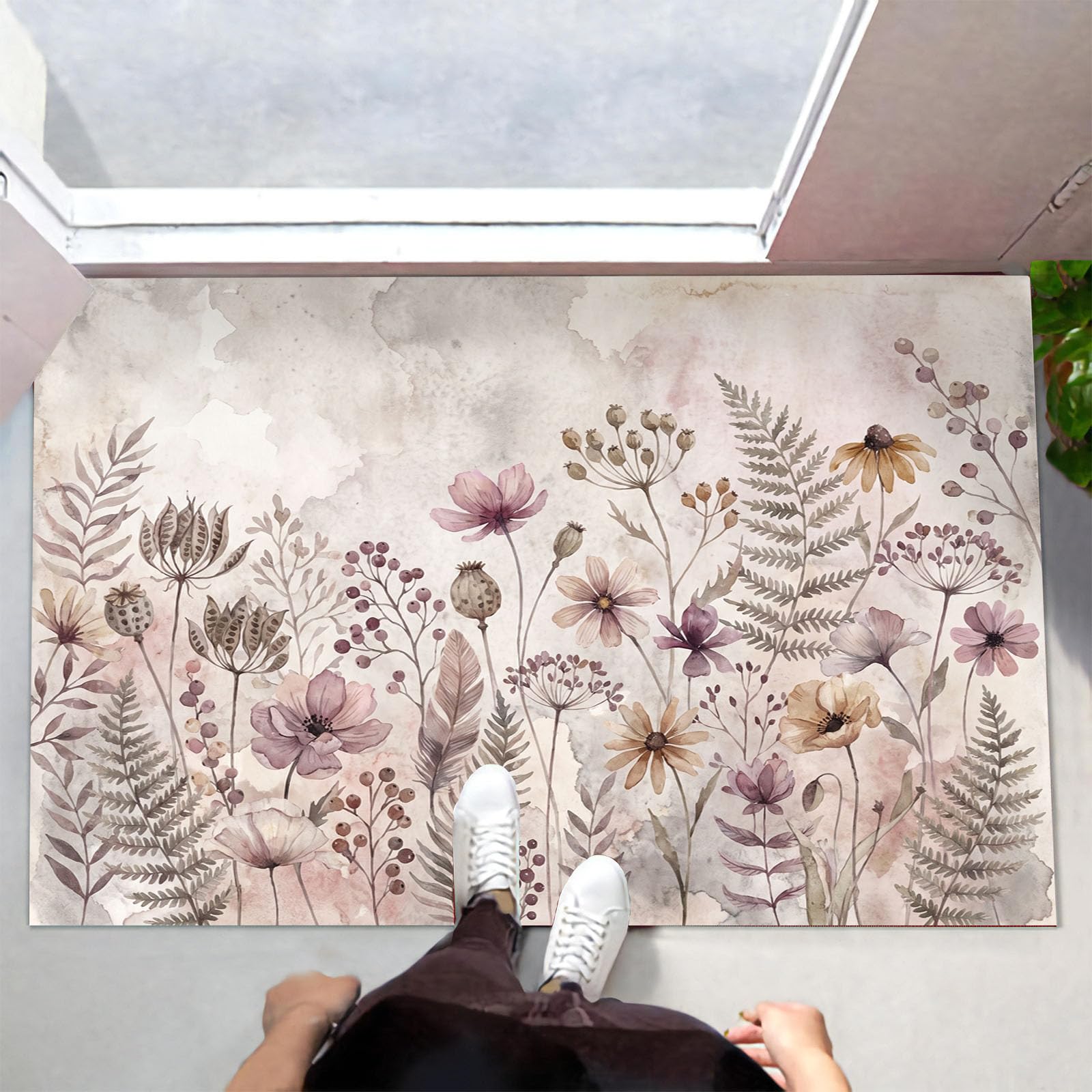 Teppich,80 x 120 cm, Heimdekoration, Eingangsteppich,Aquarellpflanzen Fußmatte, Badematten für Badezimmer, ultradünn, rutschfest,Wildblumen Farne, niedriger Flor, Wannenmatte für Waschbecken, Tür