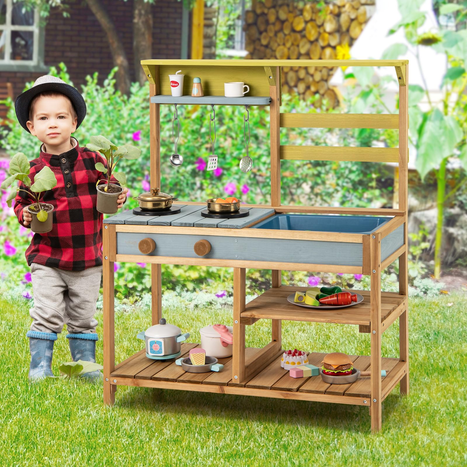 HOMASIS Cucina Giocattolo per Bambini in Legno, Cucinetta per Bambini Interattiva con 3 Ganci, 1 Lavandino e 2 Fornelli, Giocattolo Educativo per Bambini da 3+ Anni, 75 x 36 x 92 cm (Naturale)