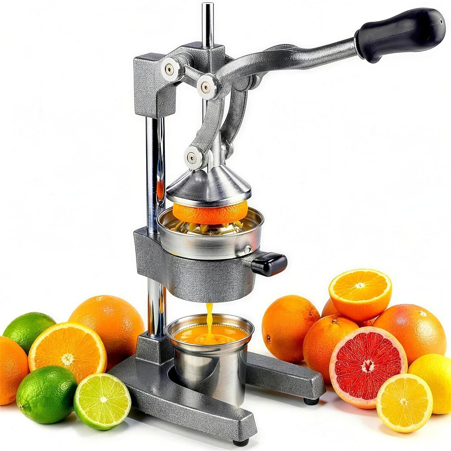 Cast Iron Juicer Hand Press - 13.8LB Heavy Duty Manual Citrus Orange Squeezer, 304 Stainless Steel Cup & Strainer, Professional Lemon Grapefruit Pomegranate Press for Home Bar Kitchen, Grey