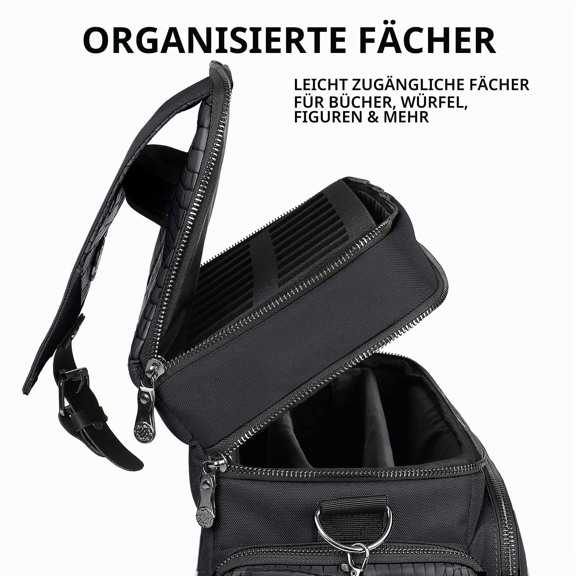 ENHANCE Tabletop RPG-Tasche des Abenteurers, Sammleredition - DND-Tasche mit Tabletop-Miniaturen-Aufbewahrung, Mattenhalter, DND-Würfel- und Token-Taschen, passend für 4-8 Bücher (Drachen Schwarz)
