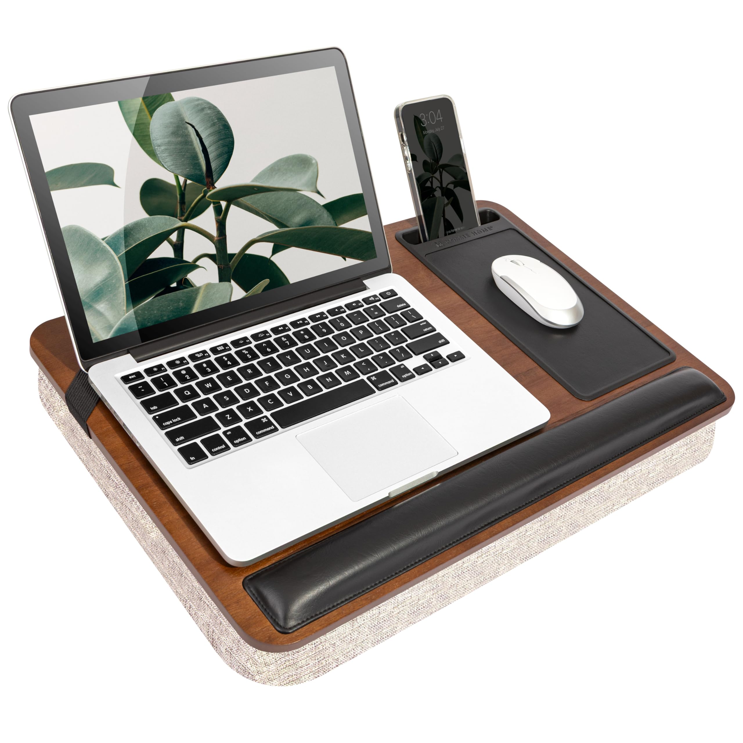 ROSSIE HOME Premium Acacia Wood Lap Desk with Wrist Rest, Mouse Pad, and Phone Holder - Fits up to 15.6 Inch Laptops - Java - Style No. 91712