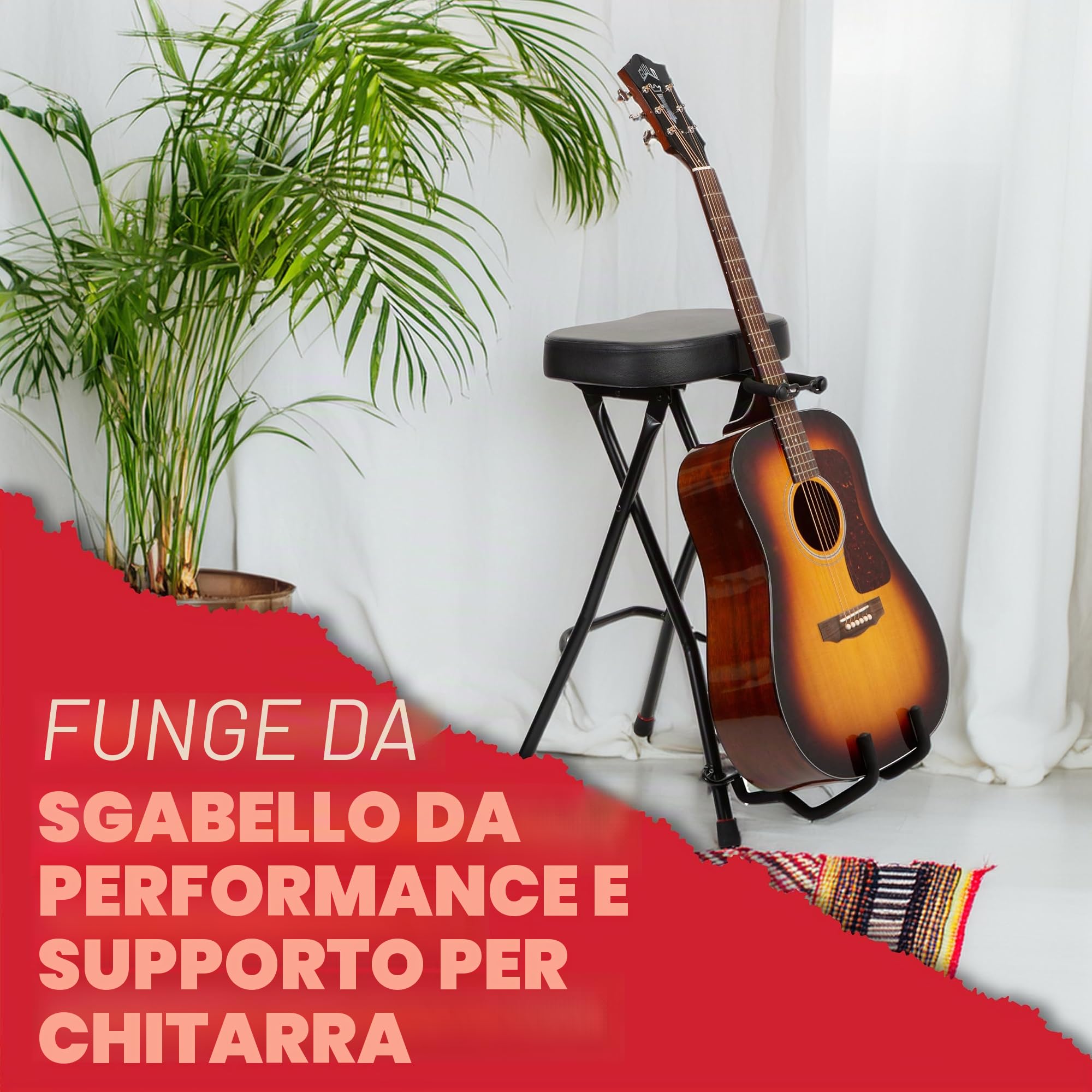 Gator Frameworks – Sgabello per Chitarrista con Supporto Integrato, Altezza 71 cm, Portata 113 kg, Seduta Imbottita, Pedana Poggiapiedi, Pieghevole, Nero (GFW-GTRSTOOL)
