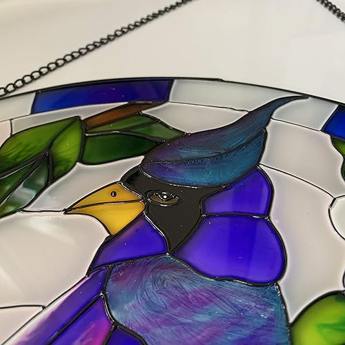 Miniatura 4 de Lio's Art Panel decorativo para colgar ventanas de vidrieras pintadas  Redondo grande de 10 pulgadas  Arte hecho a mano con cardenal de loro pájaro