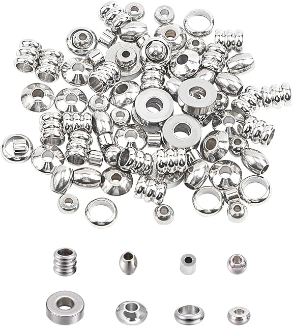 UNICRAFTALE 8 Shapes Loose Beads 160pcs Spacer Beads Stainless Steel Loose Beads Metal Spacer Beads Smooth Surface Beads for DIY Bracelet Necklace Jewelry Making, Hole 1-3mm