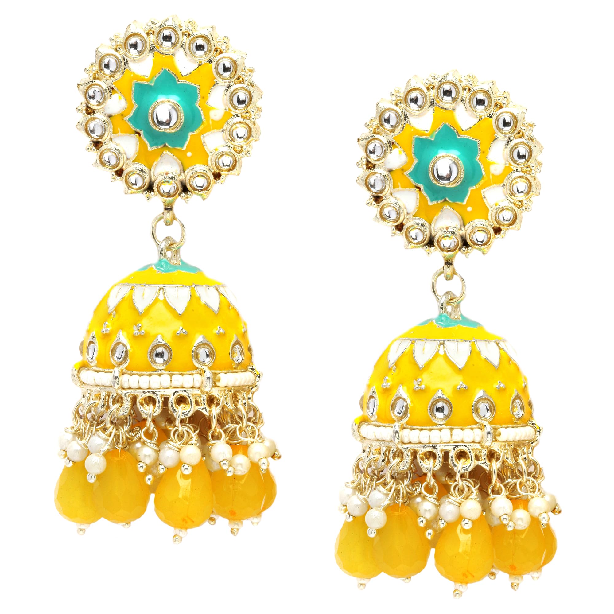 Zeneme Gold-Plated Kundan & Pearls studded Dome Shaped Handcrafted Jhumka Earrings (Yellow & White) (B0C393VK83) Amazon Price History, Amazon Price Tracker