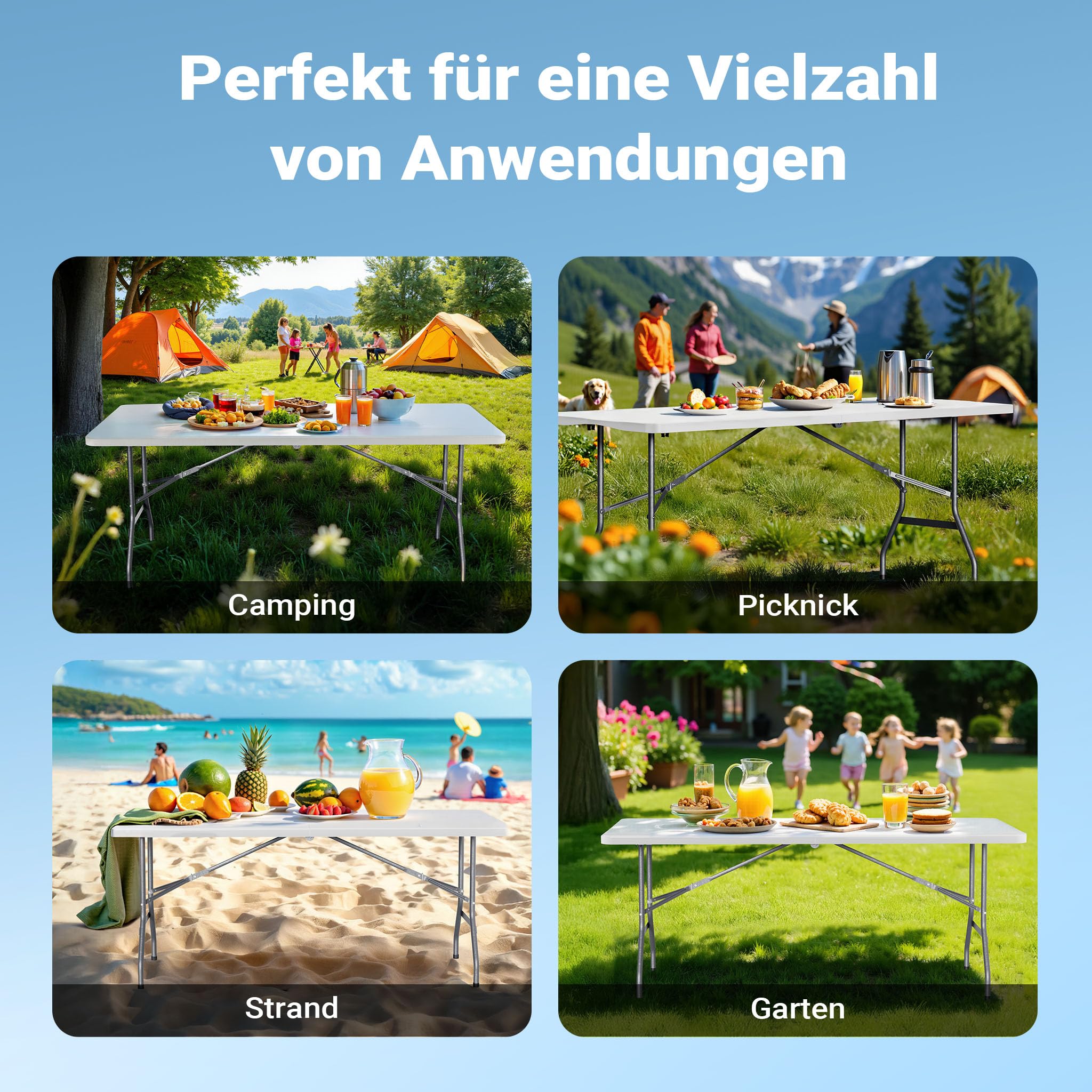 Wiltec Campingtisch klappbar 180x75x74 cm Klapptisch mit Tragegriff Partytisch Biertisch Gartentisch Buffettisch Bierzeltgarnitur Camping Tisch faltbar