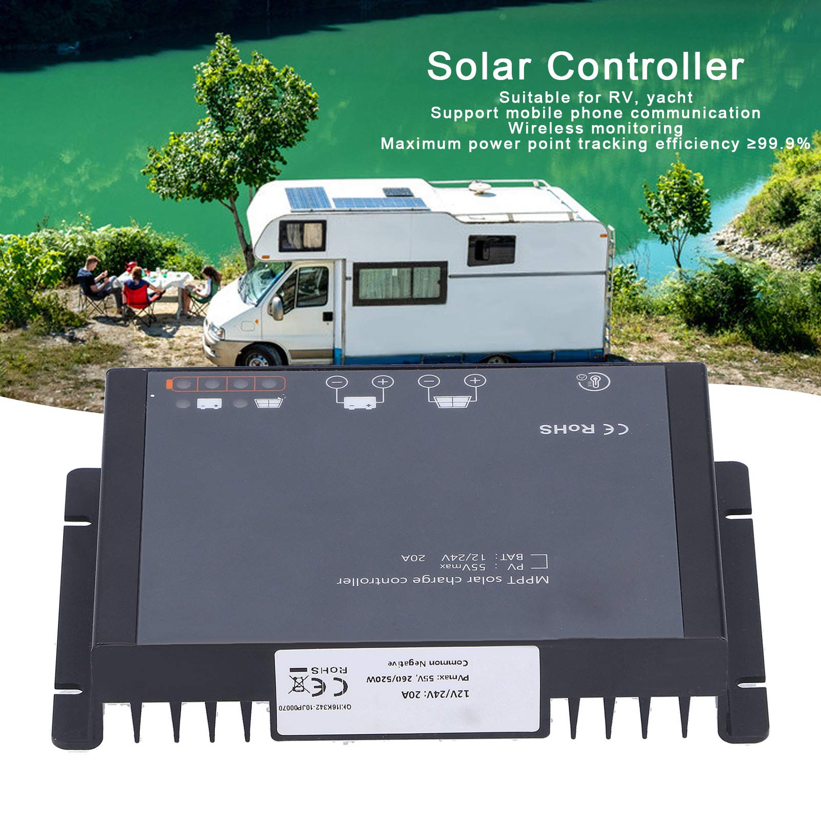 Controlador de Carga Solar MPPT Controlador Solar Regulador Enfoque de Seguimiento Automático Resistente al Agua con Bluetooth 20A DC 12/24V