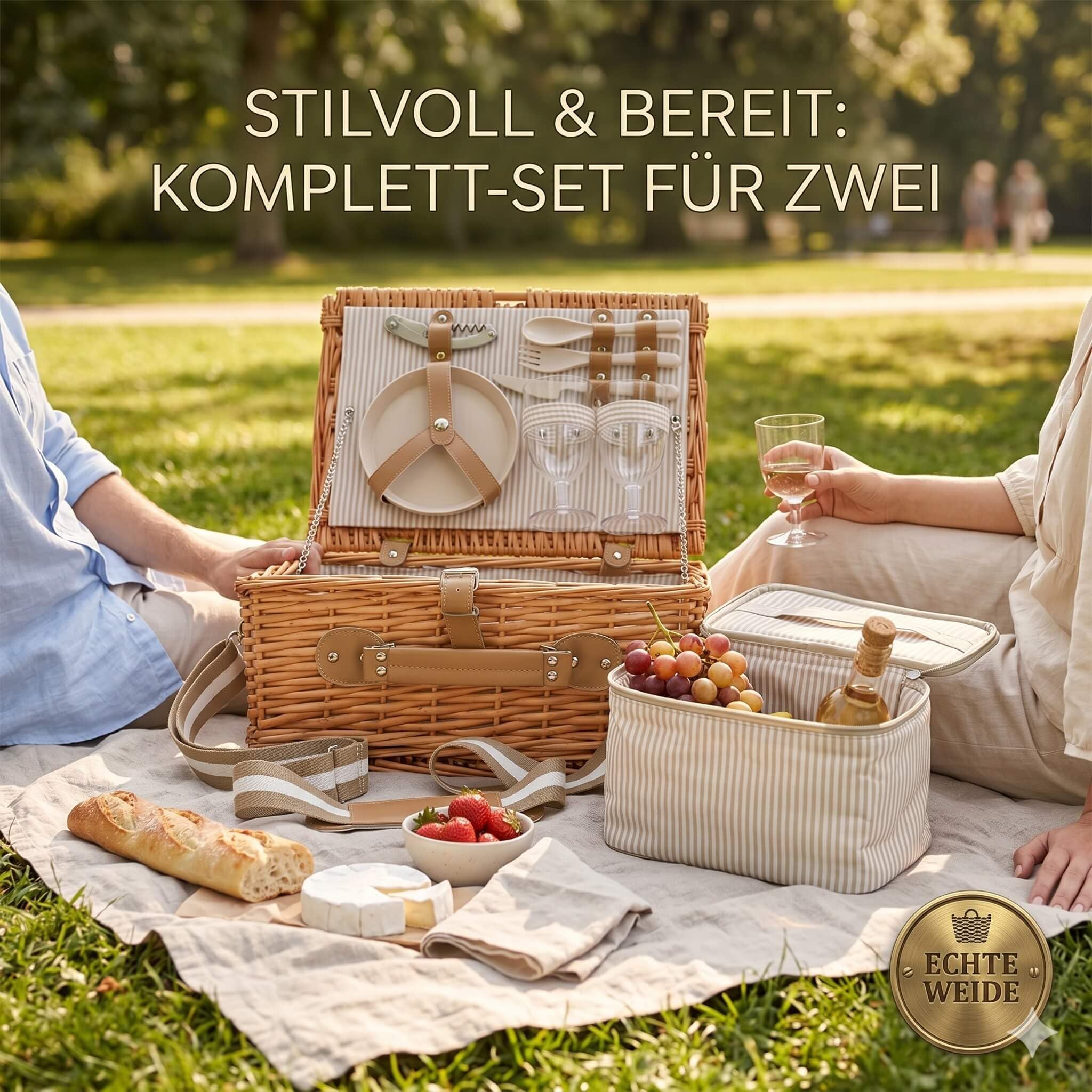 Kit de pique-nique pour 2 personnes | Panier en osier naturel de qualité supérieure avec sac isotherme intégré, couverts en acier inoxydable et vaisselle | Idéal pour le parc et la plage