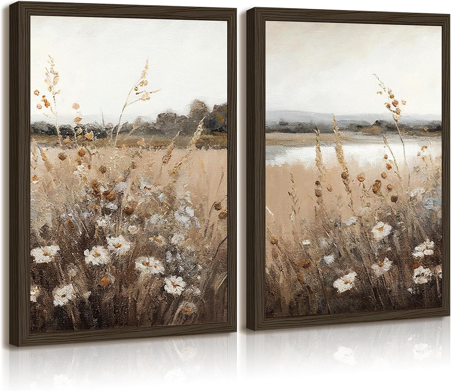 Wildflower Botanical Wall Art Decor Set of 2 Vintage Canvas Wall Decor Landscape Field Wall Art Pictures Farmhouse Prints Landscape Painting Vintage Artwork for Room Bedroom 16x24 Inch Framed