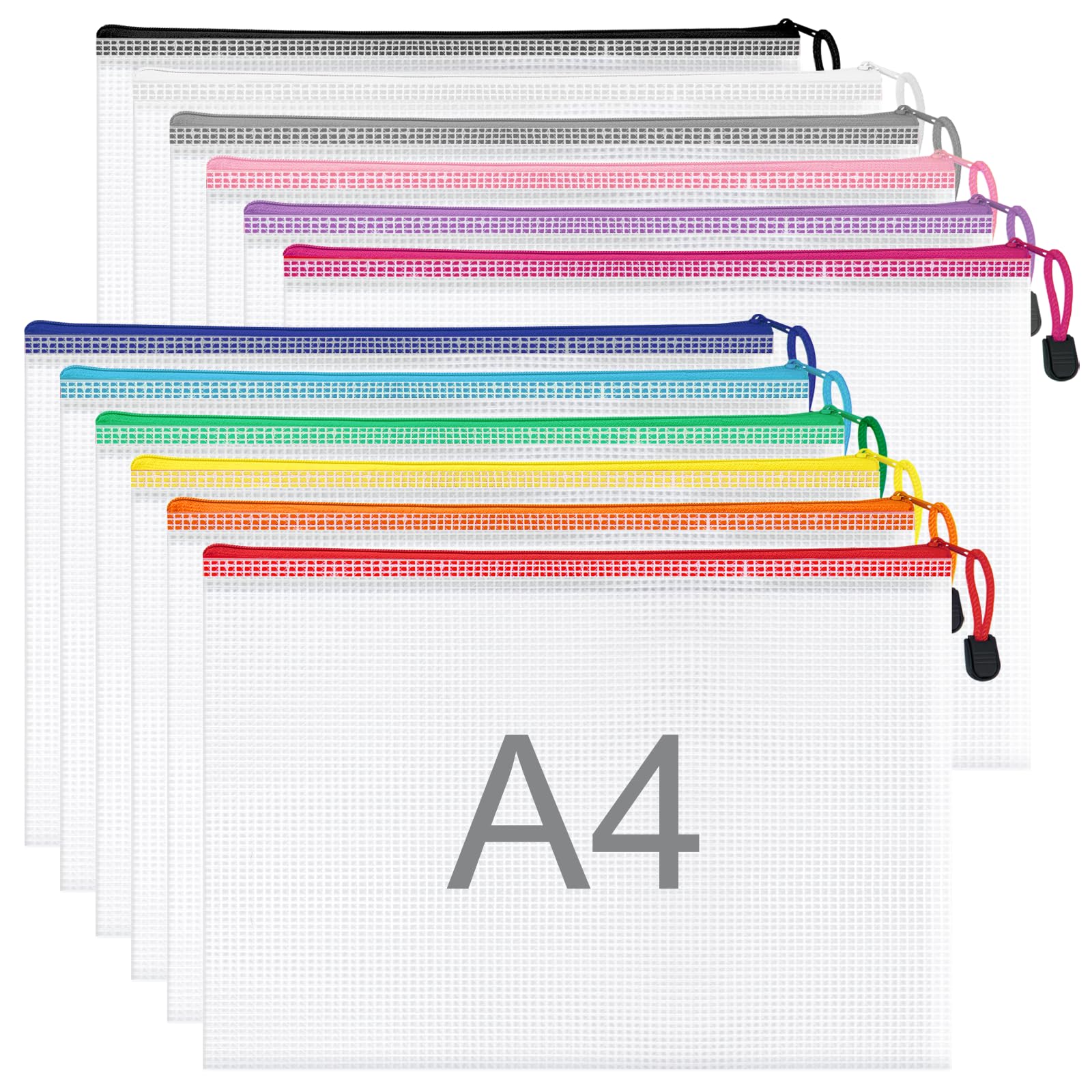 WISYOK 12pcs A4 Plastic Wallets Zip, Zip Lock Bags Mesh, Plastic Folders, Document Wallets, Zipper File Bags for Office, School, Travel, Home (33x23cm, 12 Colors) — image 1