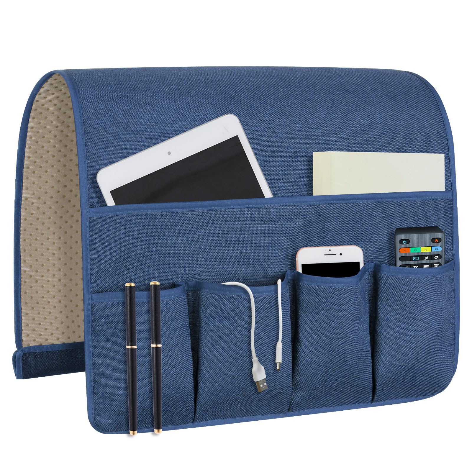 Nb Blue Sofa Armrest Organize Remote Holder Bedside Caddy Organizer With 5 Pockets，Non-Slip Couch Remote Control Holder Couch Armchair Caddy Accessories (, 35''X18'')