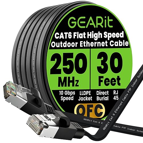 GEARit Cable Ethernet plano Cat 6 para exteriores (30 pies, negro) Chaqueta LLDPE clasificada para entierro directo Cat6 blindado FTP 10Gbps de