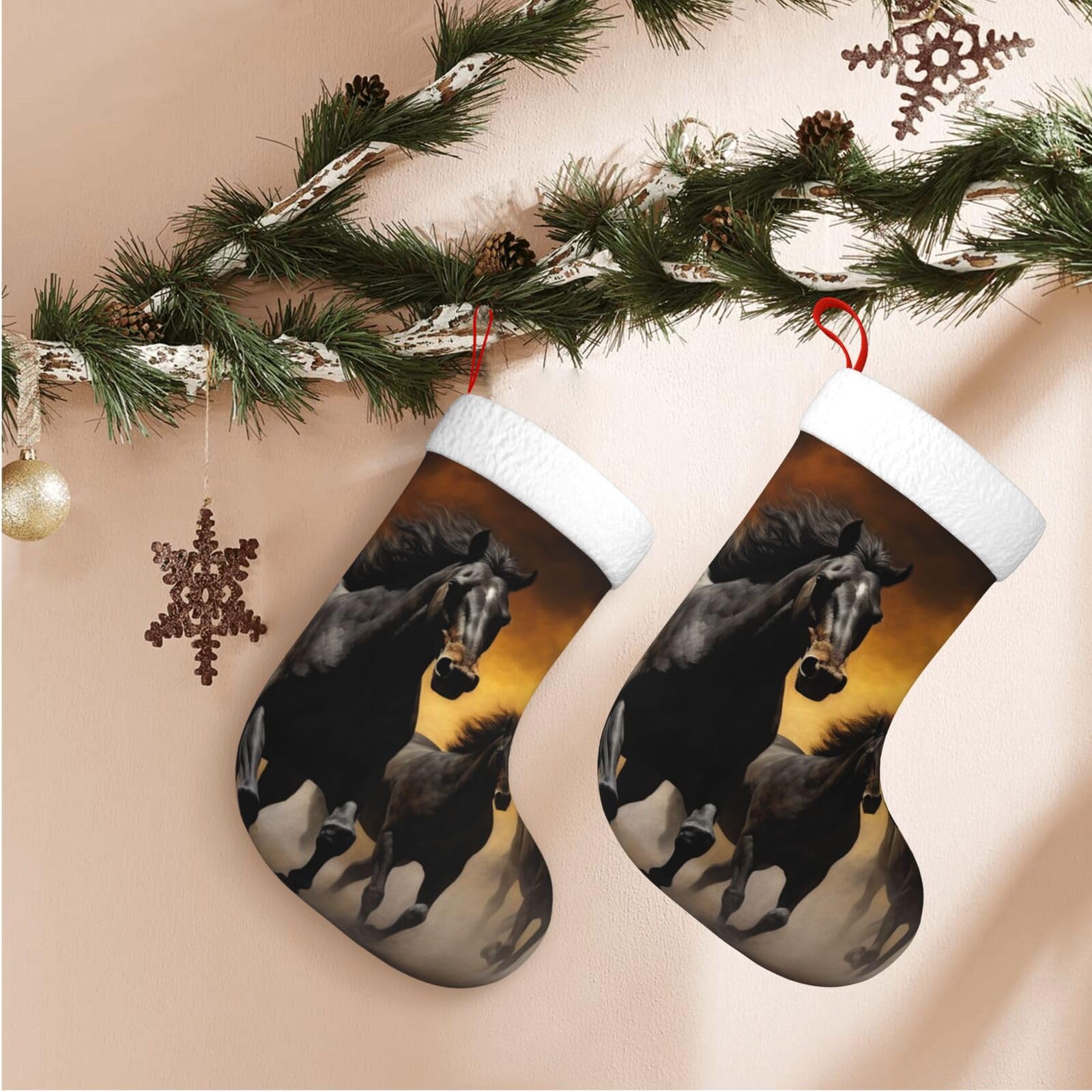 Running Black Horses Christmas Stockings Velvet Xmas Fireplace Hanging Stocking with Plush Cuff Rustic Christmas Santa Stockings for Home Christmas Decorations Party Favor Supplies