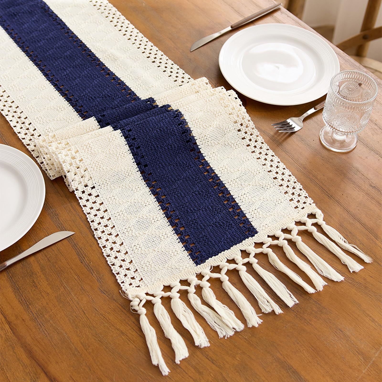Tischläufer Baumwolle, Makramee Boho Tischläufer Deko Abwaschbar Gewebter Geometrisch Oval Gestreift Muster mit Quasten Tischdecke für Küche Dekor, 30x300 cm, Marineblau Beige