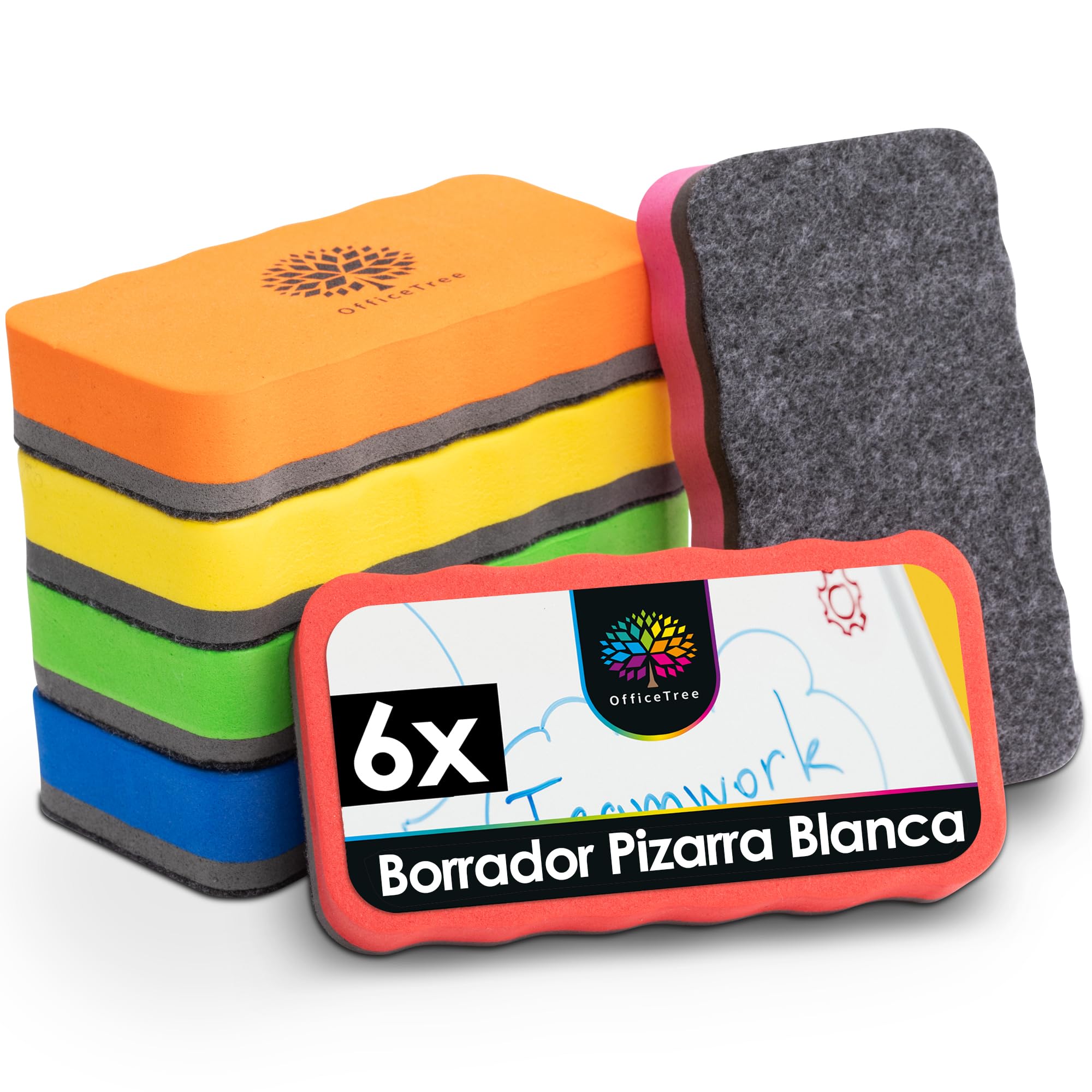 OfficeTree 6x Borrador Pizarra Blanca Magnetico Colorido - Borrador Magnetico Pizarra Blanca - Borradores de Pizarra Blanca - Whiteboard Eraser - Borrador Pizarra Tiza - Limpiador Pizarra Blanca