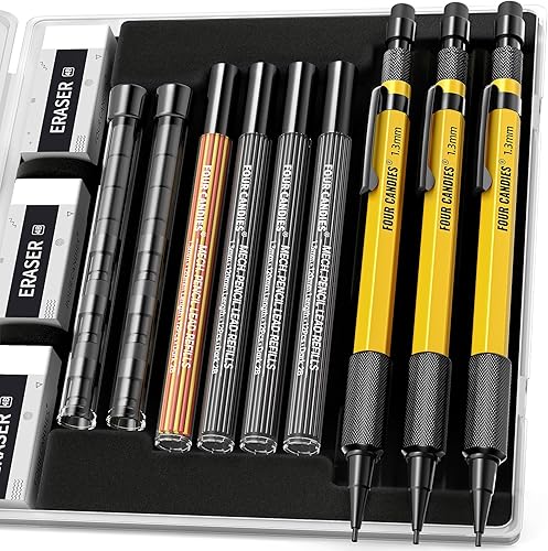 Four Candies Juego de 3 lápices mecánicos de 0.051 in con estuche, lápices de carpintero de metal resistente con 48 repuestos (rojo, negro,