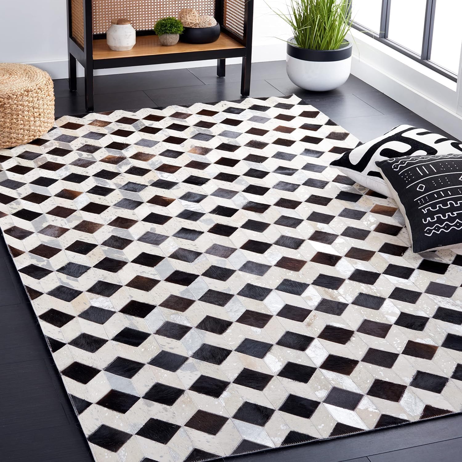 Luxury Cowhide Patchwork Leather Area Rug, Geometric Pattern, Brown and White (Natural White-45, 9x12)