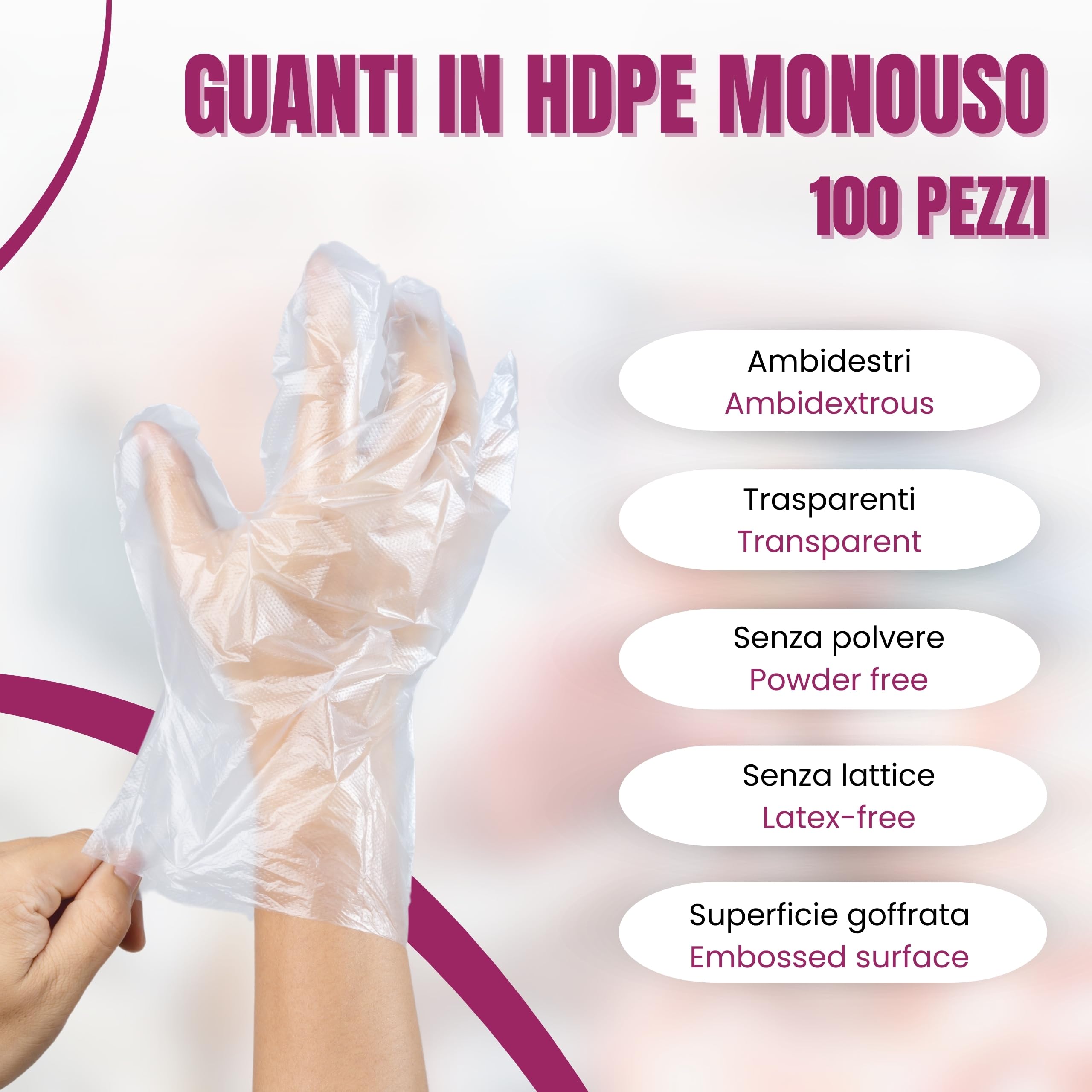 Bottari Guanti Monouso in HDPE Senza Polvere, Resistenti per Pulizia, Alimenti, Giardinaggio, Bricolage e Casa