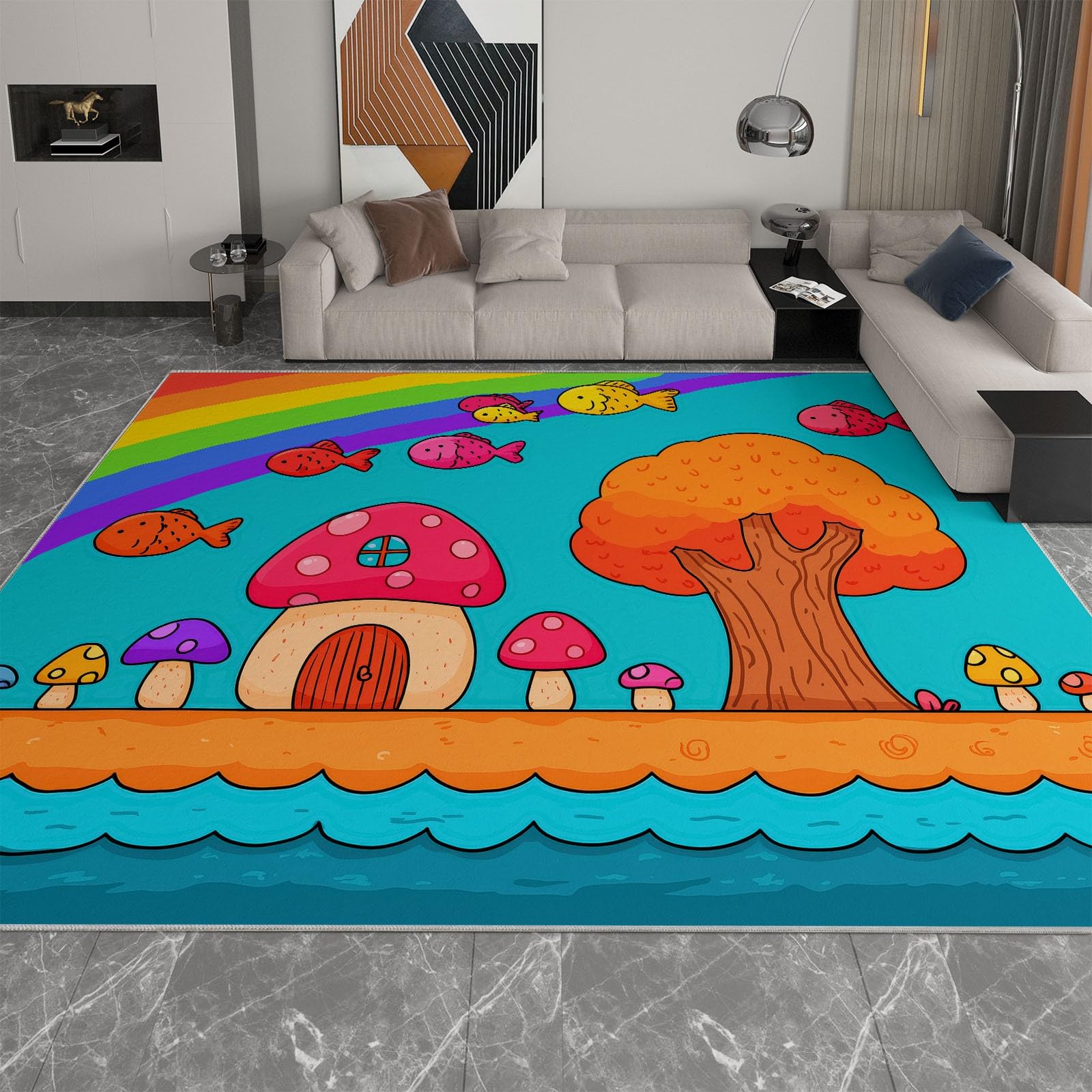 Uroczy grzyb, dom, tęcza, ryba, zmywalny dywanik, 180 x 240 cm, dywan z krótkim włosiem, kreskówkowy dywanik do salonu, miękka mata dywanowa, wystarczająco trwała, składana, do sypialni i jadalni