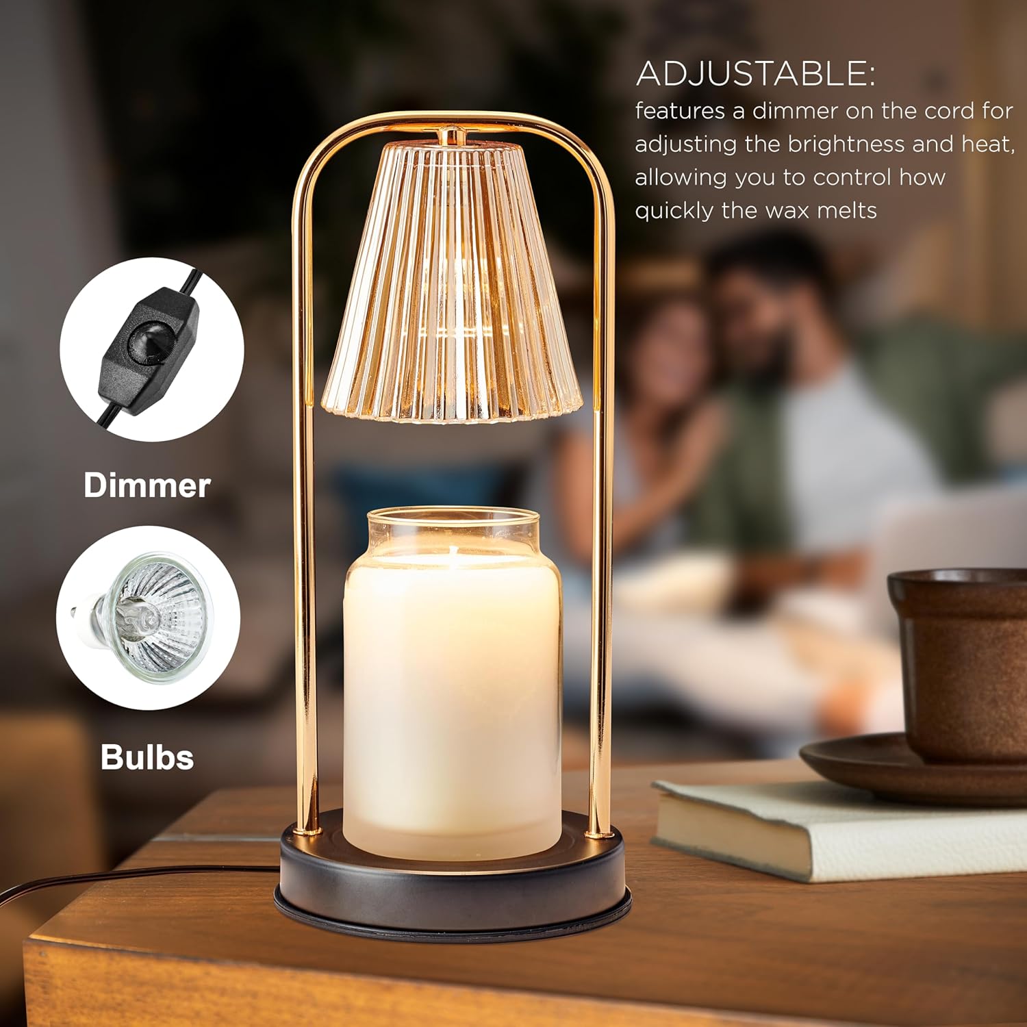 Mikasa 13.8 Inch Electric Candle Warmer Lamp with Amber Glass Shade and Wooden Base - Flameless Candle Melter with Dimmer Control for Home Decor and Fragrance, 50W Halogen Bulb Included