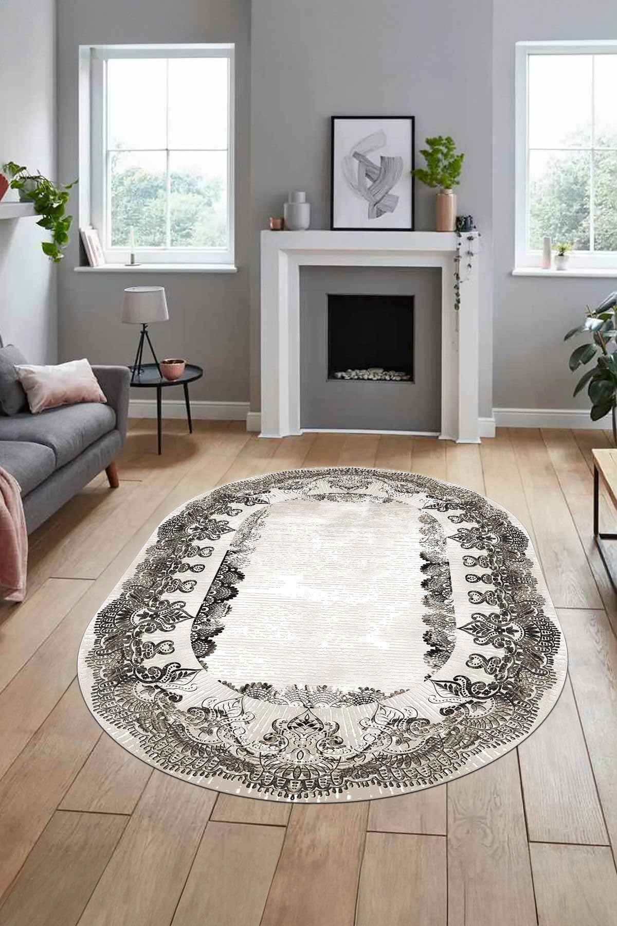 Evdeya Baskılı Kaymaz Yıkanabilir Renkli Klasik Desen Oval Yolluk Salon Halısı O-KLASİK-08, Vizon, 40 x 60