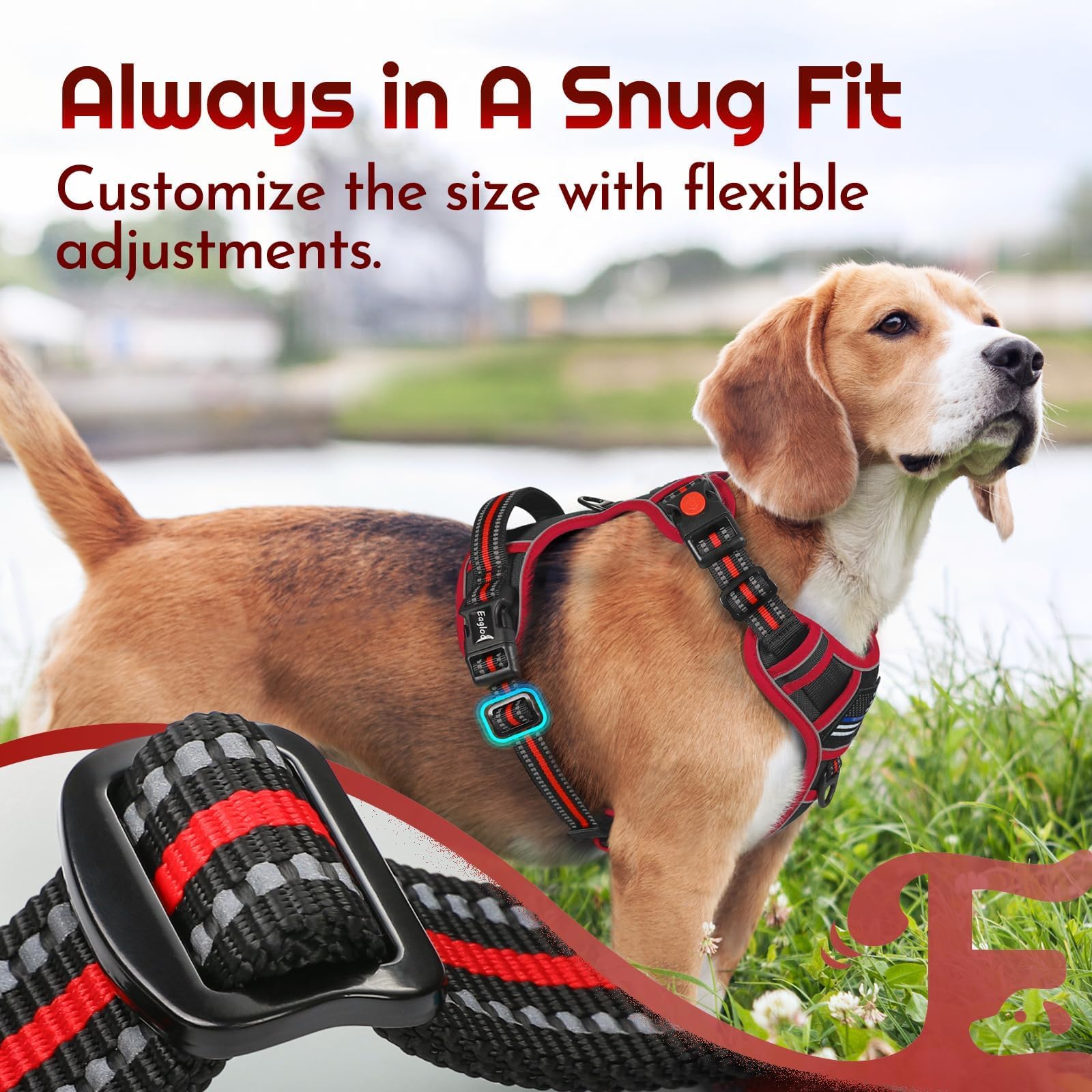 Eagloo Harnais pour chiens de grande taille, harnais réglable anti-traction pour chien avec 3 boucles, harnais rembourré doux, facile à promener avec poignée, gilet réfléchissant anti-étranglement