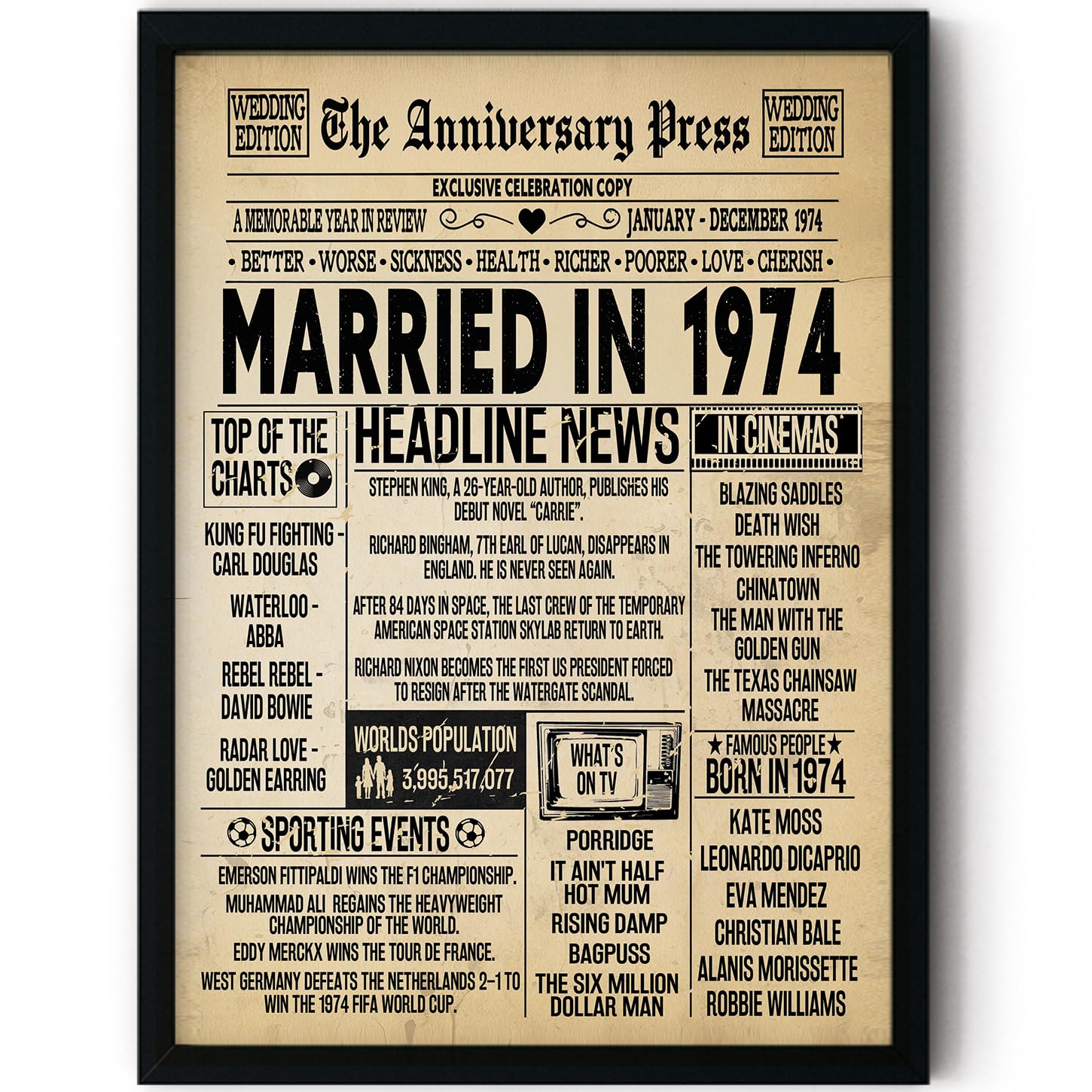 Stuff4 Men's 1974 52Nd Anniversary Poster Framed - Married In Newspaper - 52 Wedding Anniversary For Wo Retro Vintage Gifts Back In 8X10 Inch Anniversaries Posters