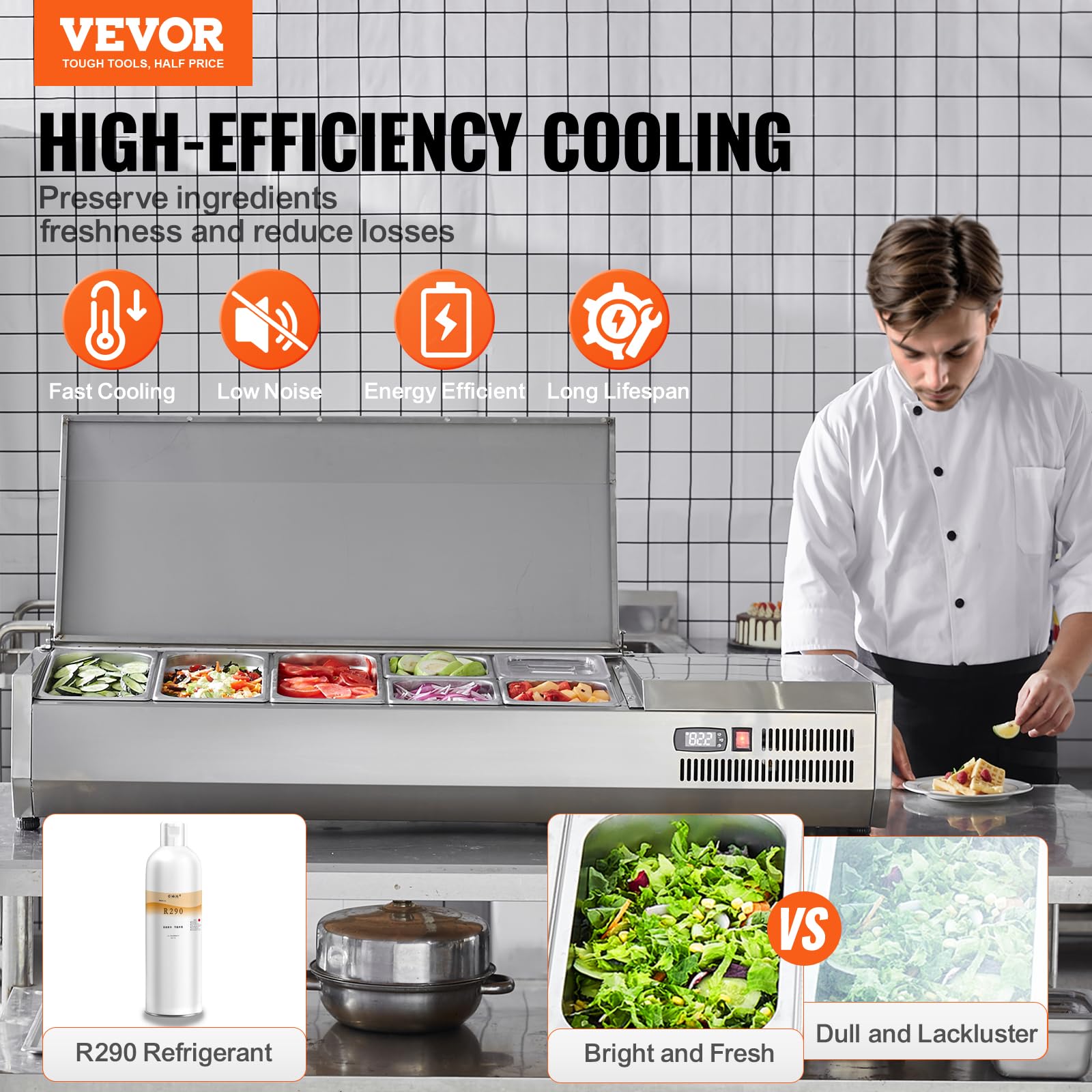 VEVOR Saladette Réfrigérée à Poser 150 W, Vitrine Réfrigérée pour Pizzeria, avec 3 1/3 Casseroles et 4 1/6 Casseroles, Corps en Inox 304, Couvercle en PC, Protection en Inox, pour Ingrédients