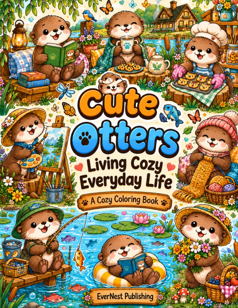 Cute Otters Living Cozy Everyday Life: A Cozy Coloring Book with Adorable Otters, Relaxing Riverside Scenes, Cute Cottagecore Adventures, Bold & Easy Designs for Teens & Adults
