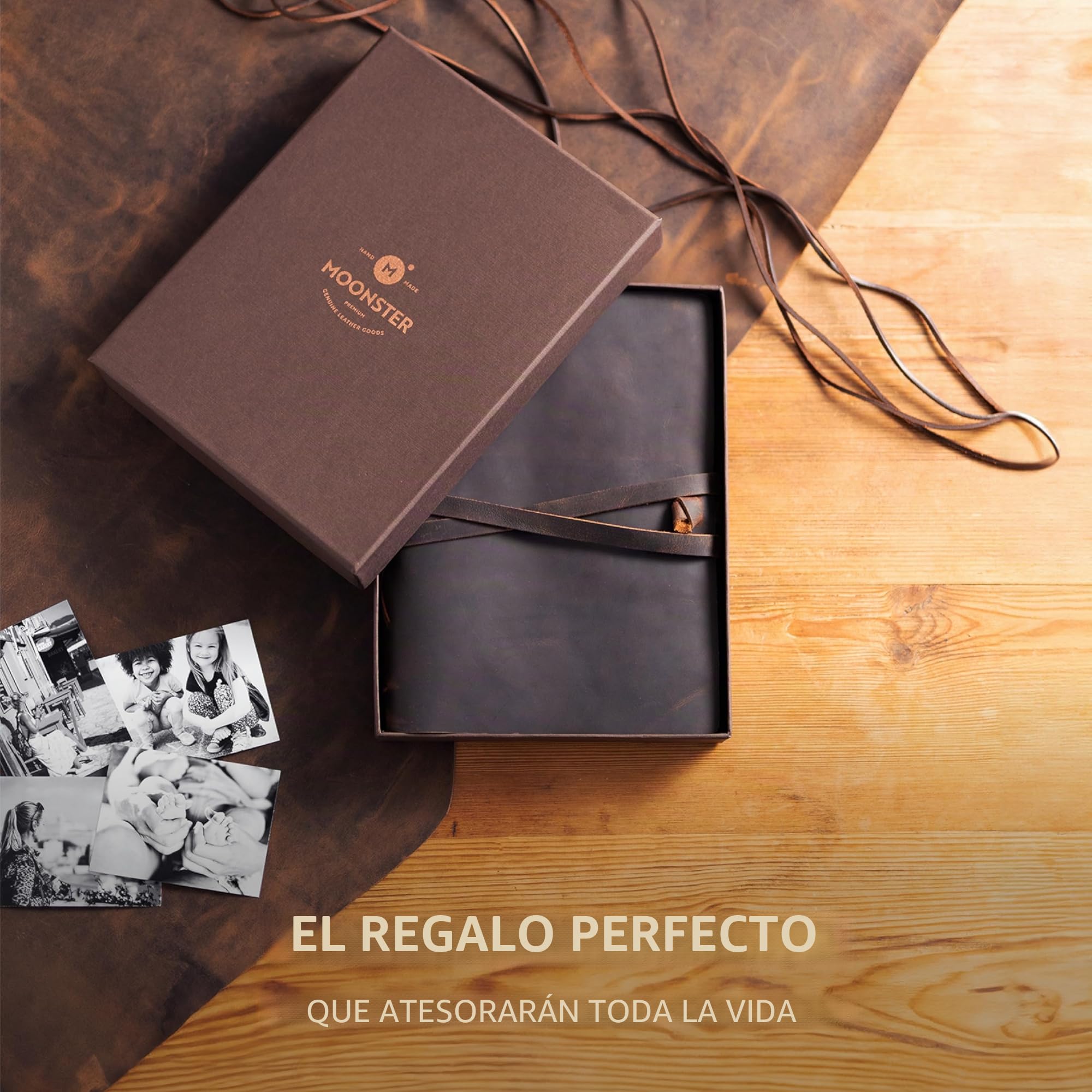 Álbum de Fotos de Cuero - Moonster® Álbum de Fotos Con Cubiertas y Correa de Cuero de Búfalo Genuino – Álbum de Fotos para Pegar y Escribir Hecho a Mano – Álbum Scrapbook Ideal para Bodas