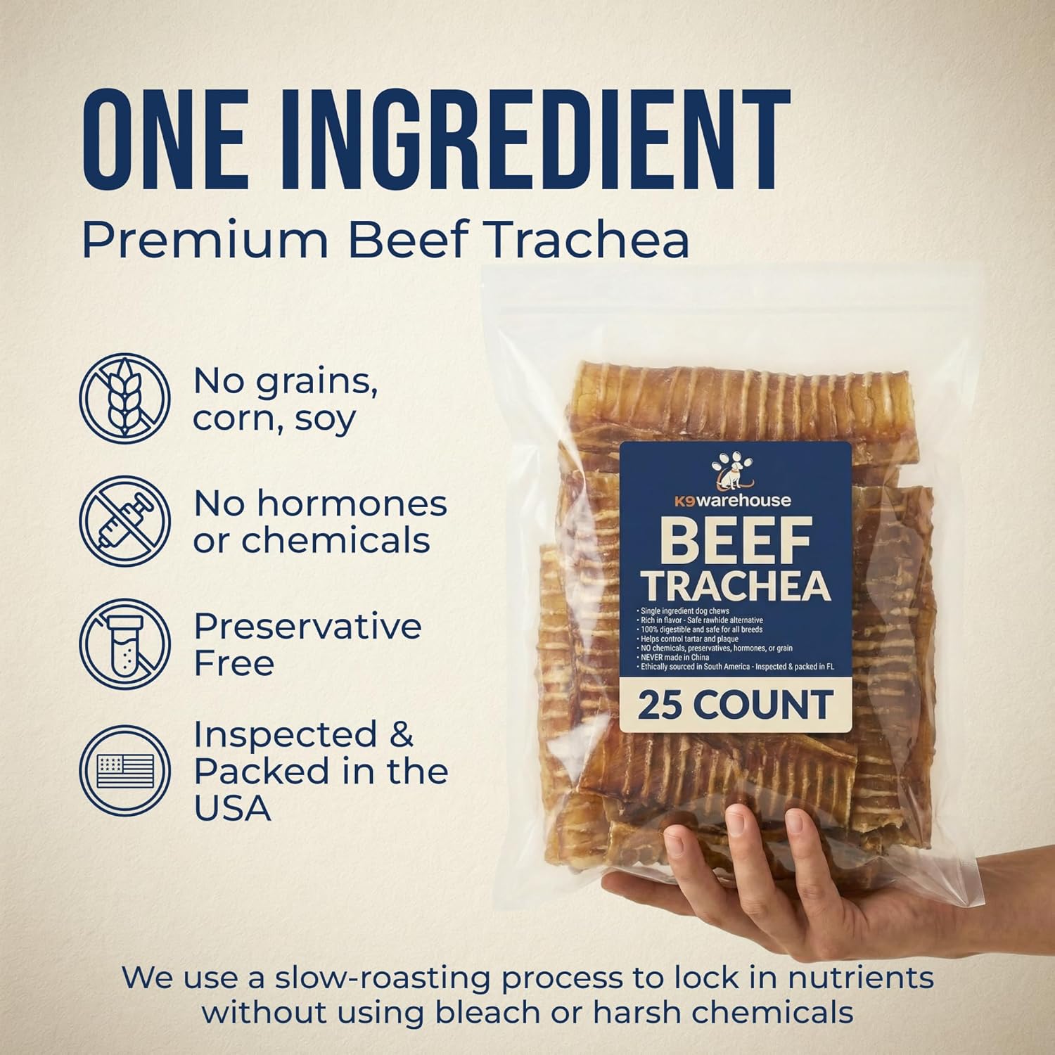 K9warehouse Trachea Dog Chews - Premium Beef Trachea for Dogs with Glucosamine & Chondroitin, High Protein, Digestible & Long-Lasting Dog Treats, Supports Joint Health, Packed in USA - 25 Count