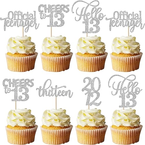 Rsstarxi Paquete de 30 adornos con purpurina para cupcakes de cumpleaños número 13 desde 2011, Hello 13 Thirteen Official Teenager Cheers to 13