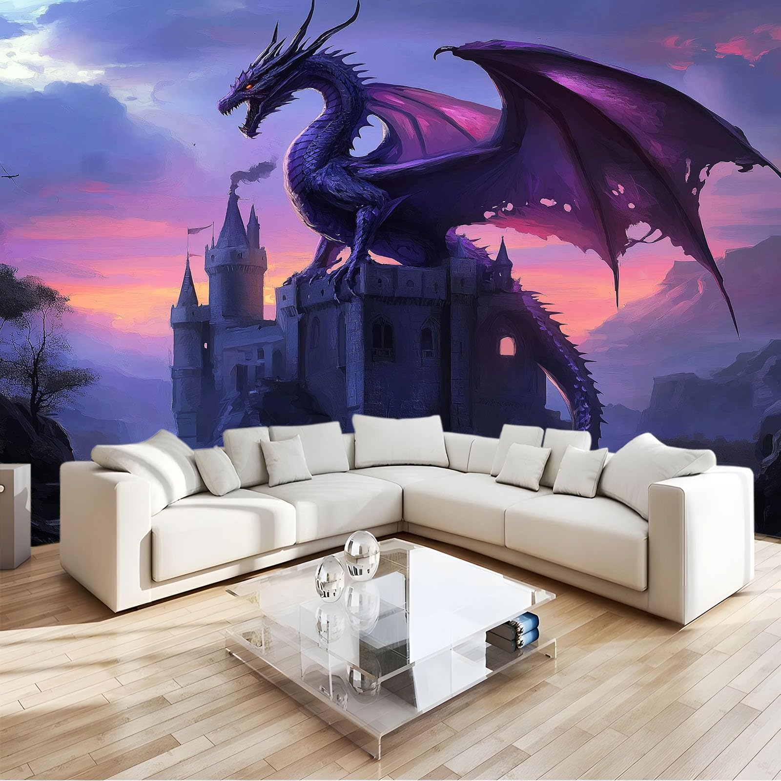 Papel Pintado Infantil 3D Fantasía Cuento De Hadas Castillo Dragón 400 x 280 cm - Mural de Pared para Habitación de Niños y Niñas en Tela No Tejida Premium - Diseño Artístico para Soñar Azul Púrpura