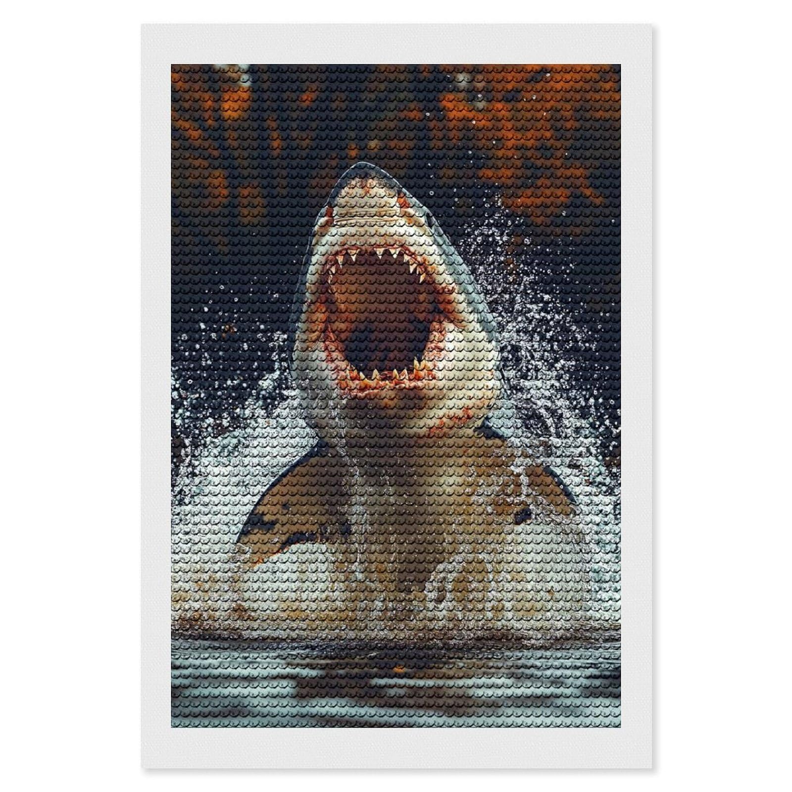 Junmoney Great White Shark Breaching Water Diamond Painting Canvas Set 8"x12", for Beginners, Complete Accessories, Christmas Gift, Modern Decor