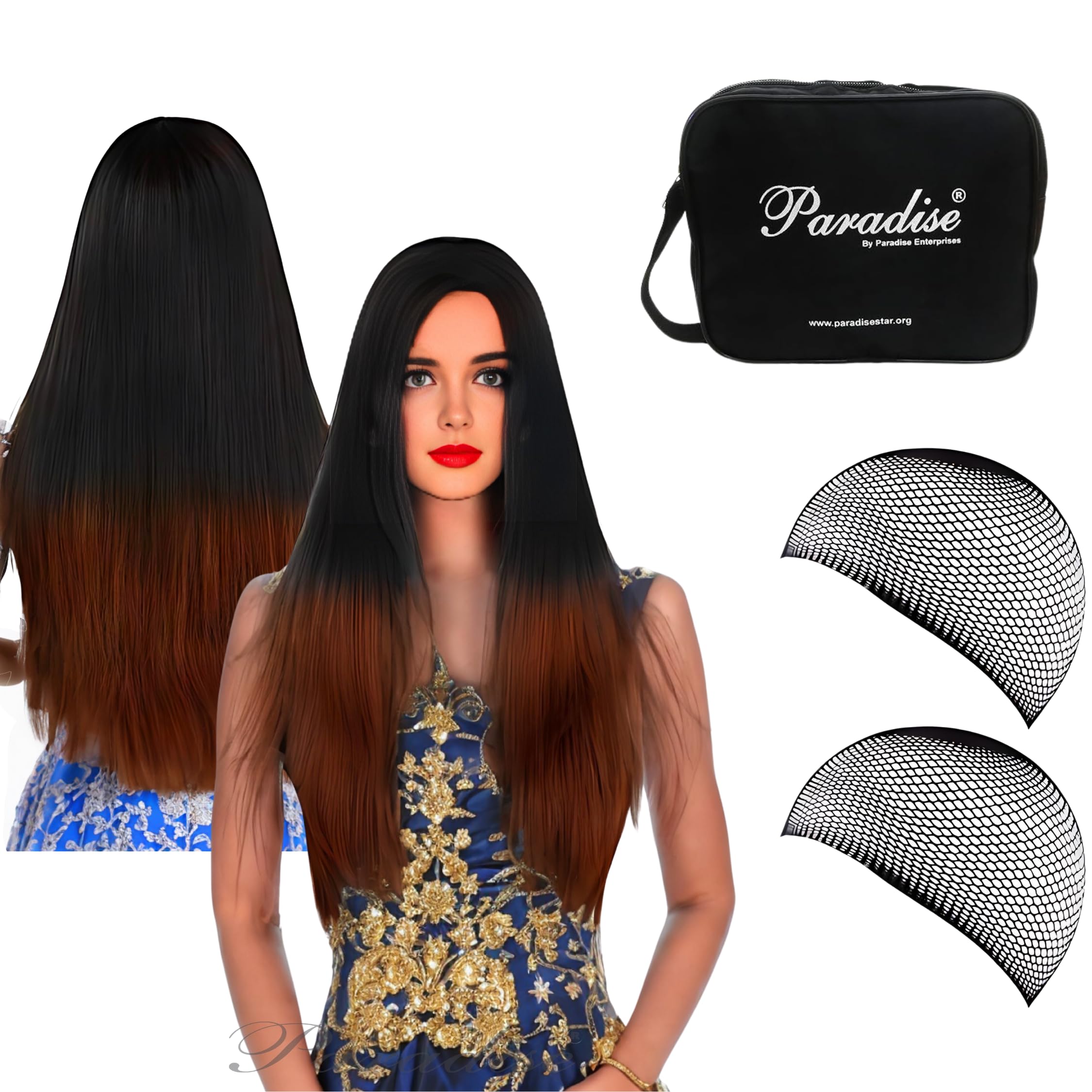 Full Head Synthetic Women Wigs Long With Golden Highlight Hair For Women/Women Wigs Natural Hair Straight Black Ombre (Without bang)