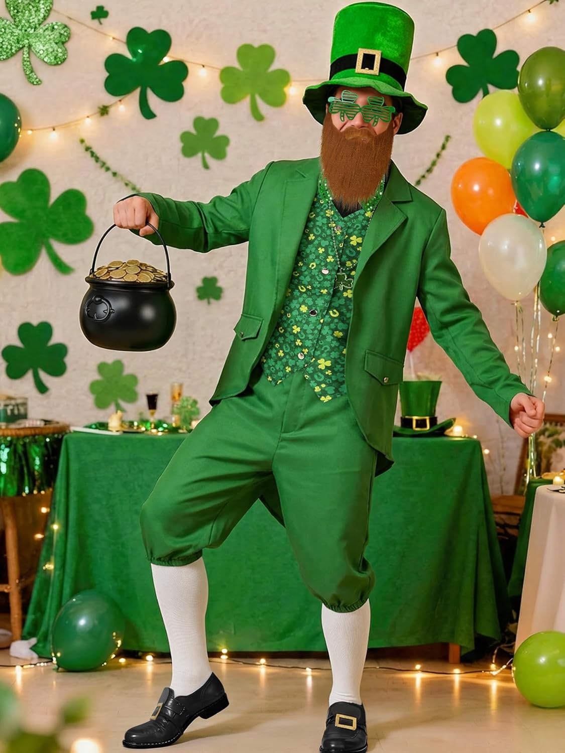 SOMSOC 10 Pieces Men's St Patrick's Day Costume with Shamrock Accessories Clover Glasses Top Hat for Adult Irish Party - Image 4
