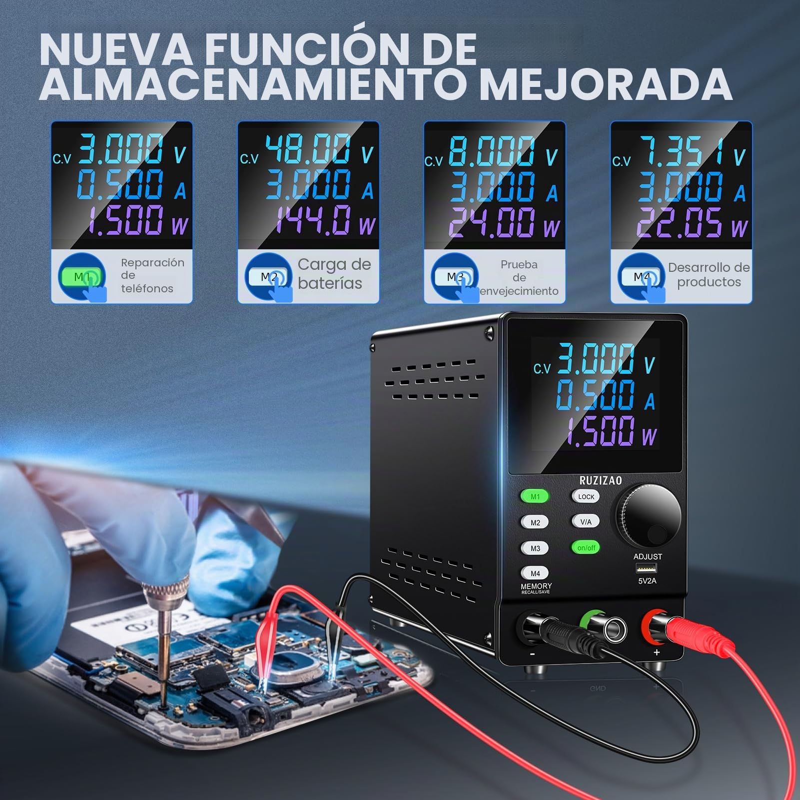 Fuente de Alimentación Regulable 200V 1A Programable para Mesa de Laboratorio con Software Para PC, Mando Codificador, Almacenamiento en Memoria, Interruptor de Salida, Botón de Bloqueo