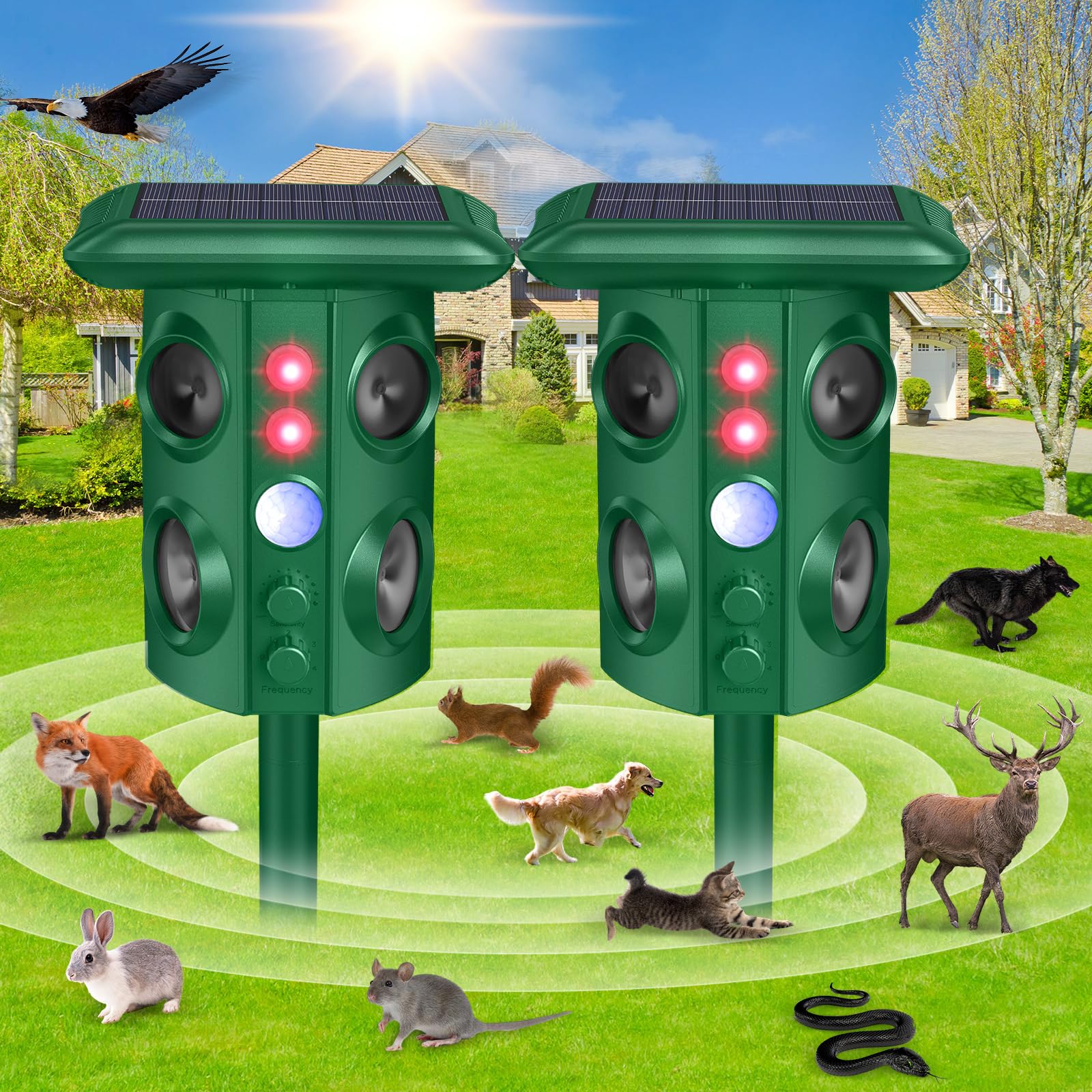 Solar Animal Repellent Outdoor with Vibration and Motion Sensor, Waterproof with Flashing Light, Ultrasonic Pest Repellent for Snakes, Moles, Cat, Dog, Squirrels, Deer, Raccoons, Coyotes, Rabbit