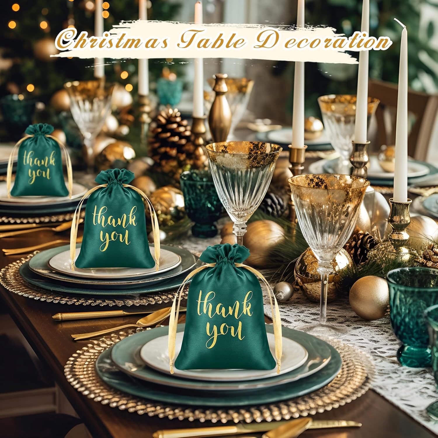 Sieral 50 Pcs Thank You Satin Gift Bags with Drawstring Jewelry Candy Pouches for Valentines Easter Wedding Baby Shower Birthday Holiday Party Thank You Bag for Gift Wrap(Dark Green,4 x 6 Inch) - Image 5