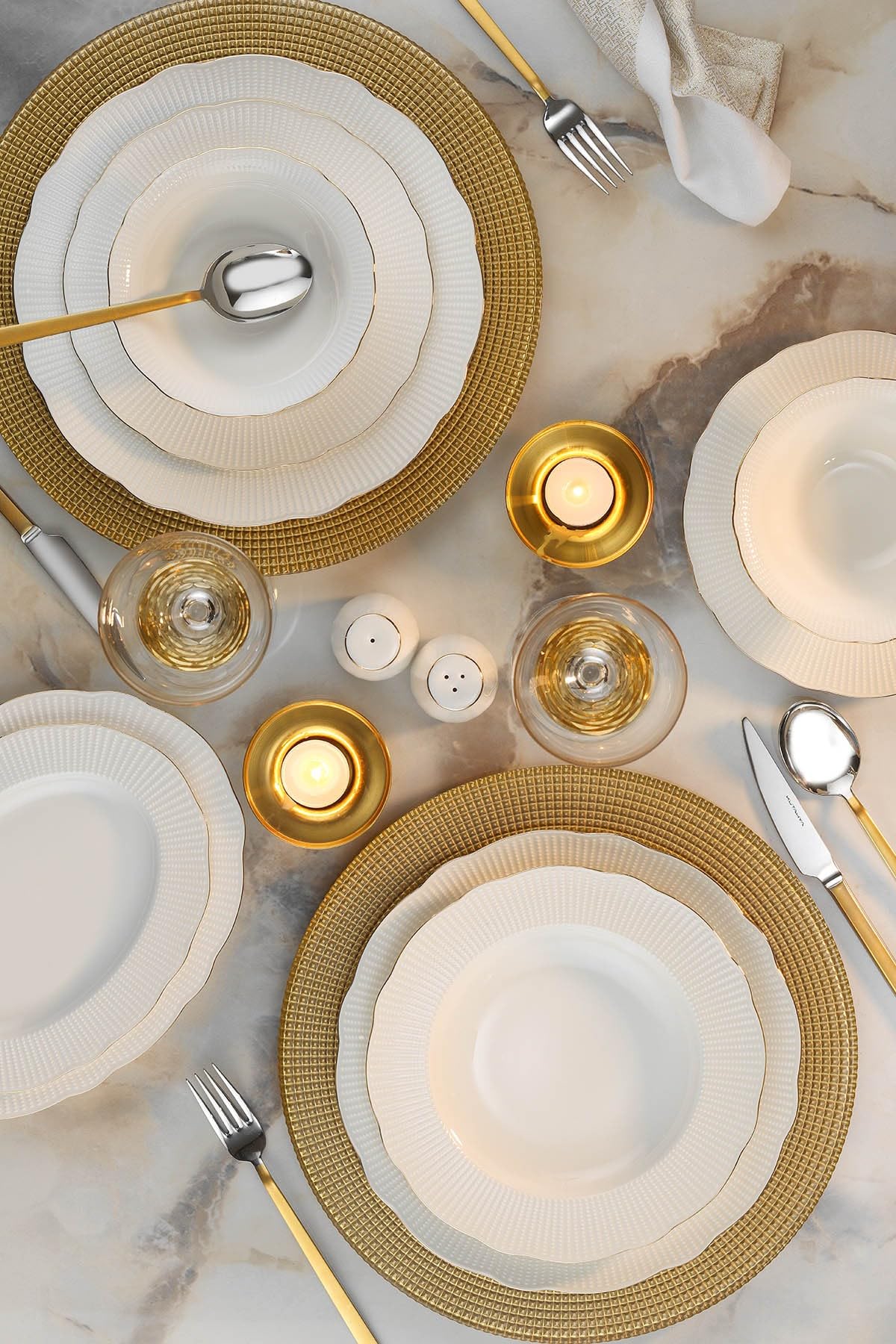 Elegant 26-Piece Dinner Set, 100% Porcelain, White & Gold | Includes Service Plates, Deep Plates, Bowls & Platters | Dishwasher & Microwave Safe