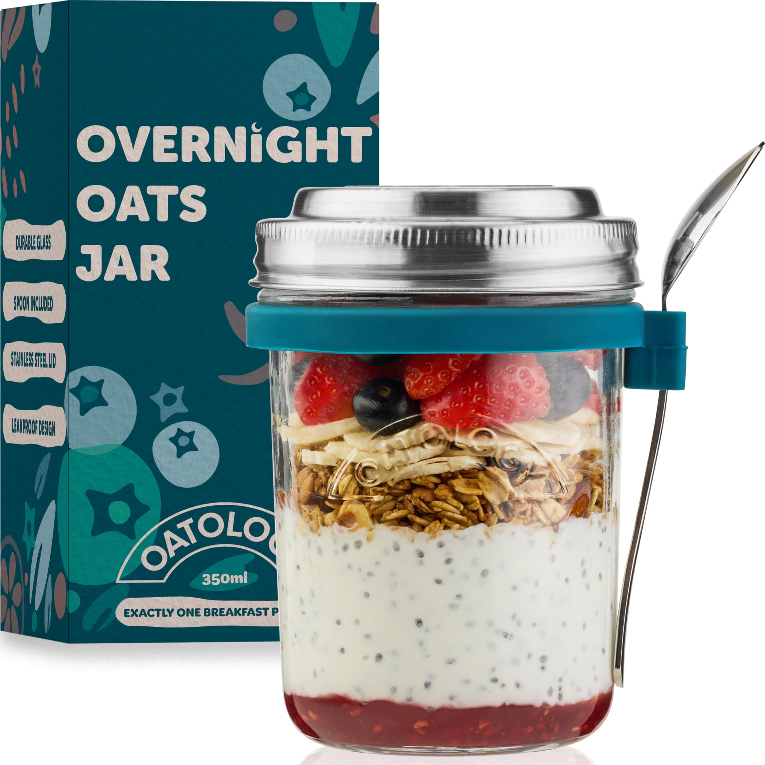 Oatology Blue Glass Overnight Oats Jar Container | Unique Leakproof Stainless Steel Lids, Spoon, Thick Glass | Breakfast Pots Mason Jars For Chia Pudding Granola Yoghurt Porridge Cereal On-The-Go | 1 Pack