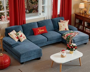 Furmax Sectional Couches for Living Room, U-Shaped Sofa Couch with Linen Fabric, 4 Seat Sofa Set with Double Chaise for Apartment Fabric, Blue