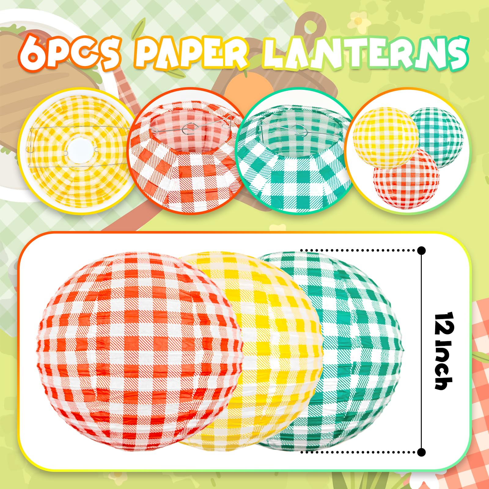Picnic Decorations Red Paper Lanterns Checkered Round Hanging Lanterns for I Do BBQ Decorations Birthdays Holidays Picnic Party Supplies Red Yellow Green Plaid Paper Lanterns 6 Pieces