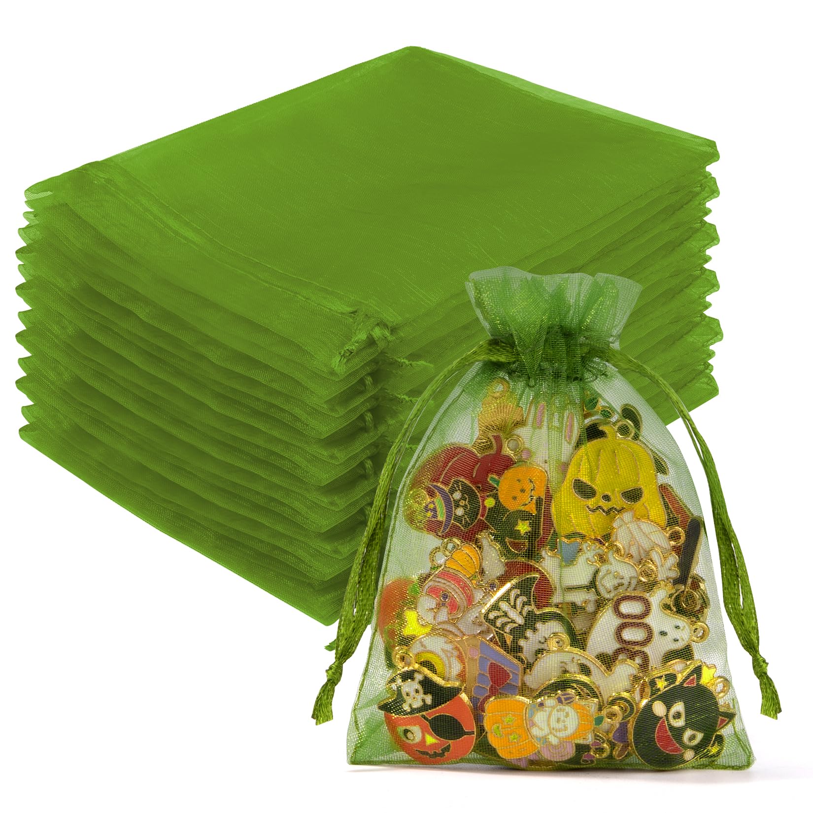 Crweety 50 Pcs Organza Bags 3x4, Green Small Mesh Gift Bags Drawstring Bulk